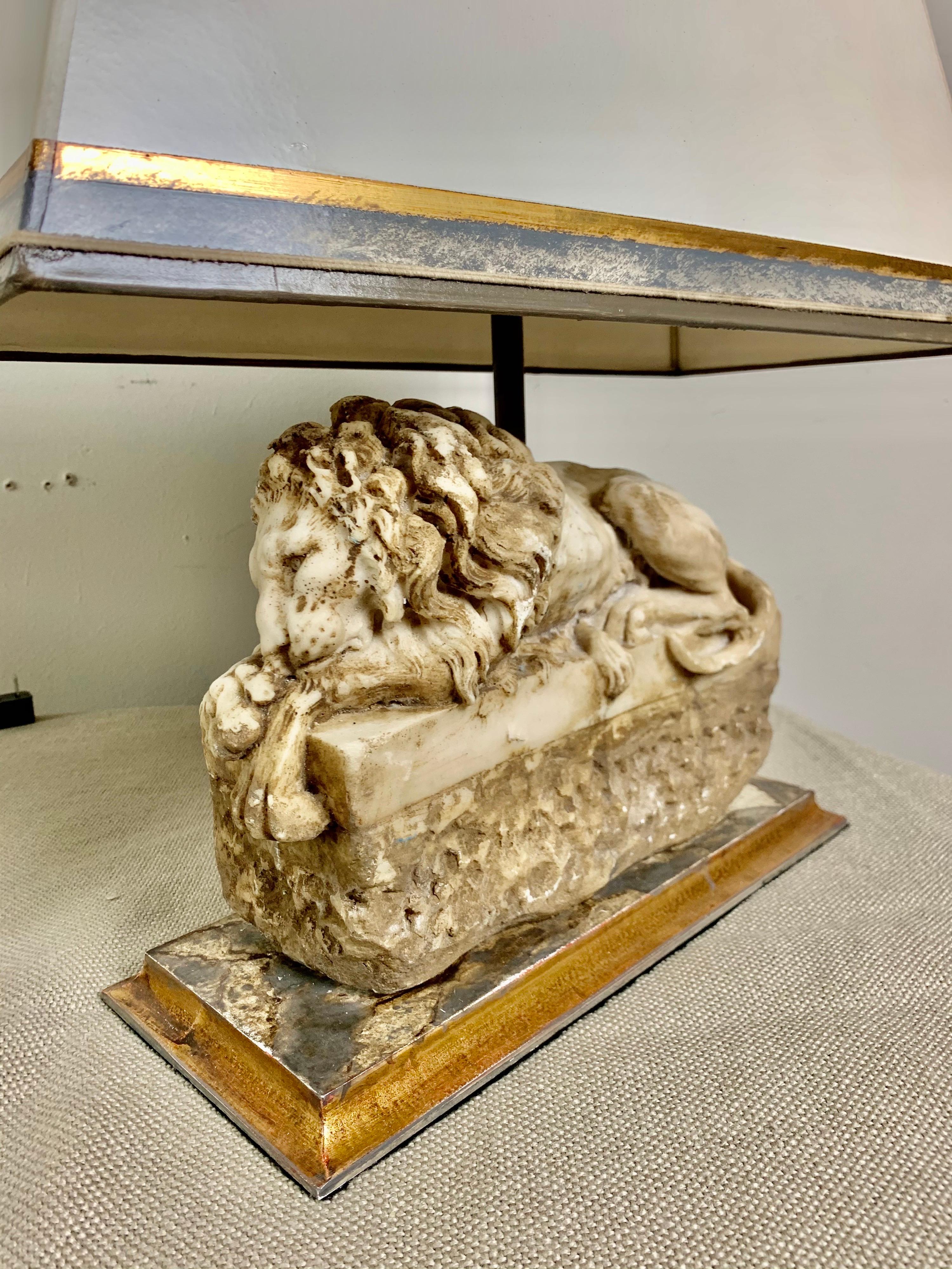 Pair of Italian Carved Stone Lion Lamps with Parchment Shades 4