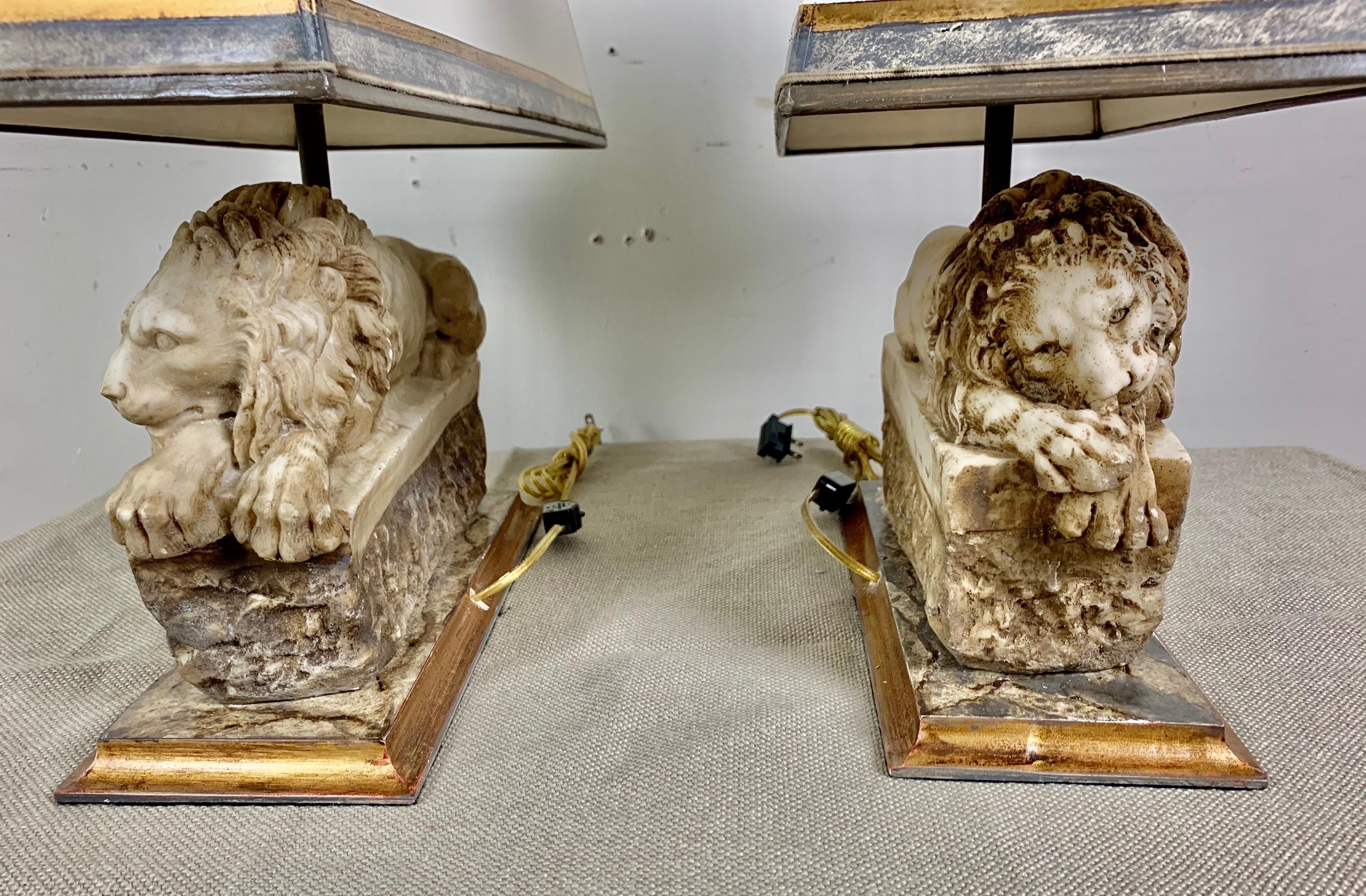 Pair of Italian Carved Stone Lion Lamps with Parchment Shades 6