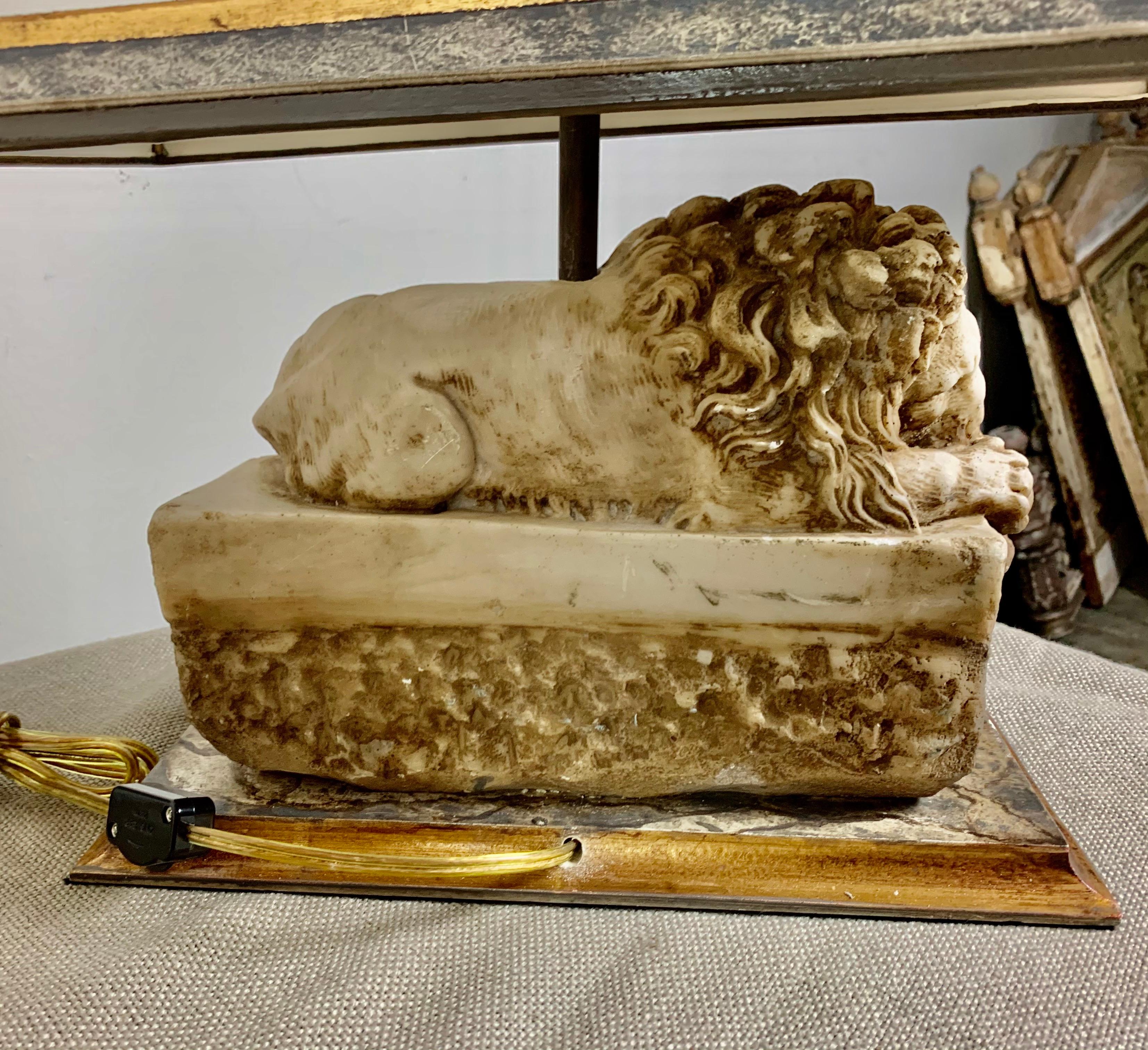 Pair of Italian Carved Stone Lion Lamps with Parchment Shades 8