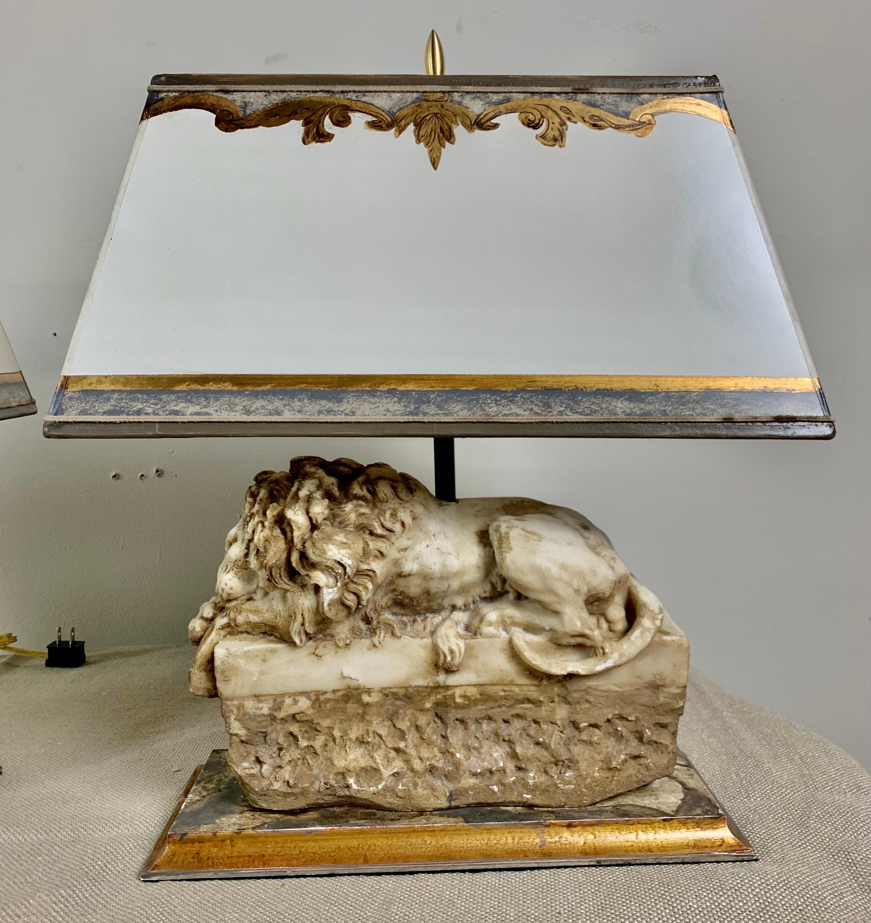 Baroque Pair of Italian Carved Stone Lion Lamps with Parchment Shades