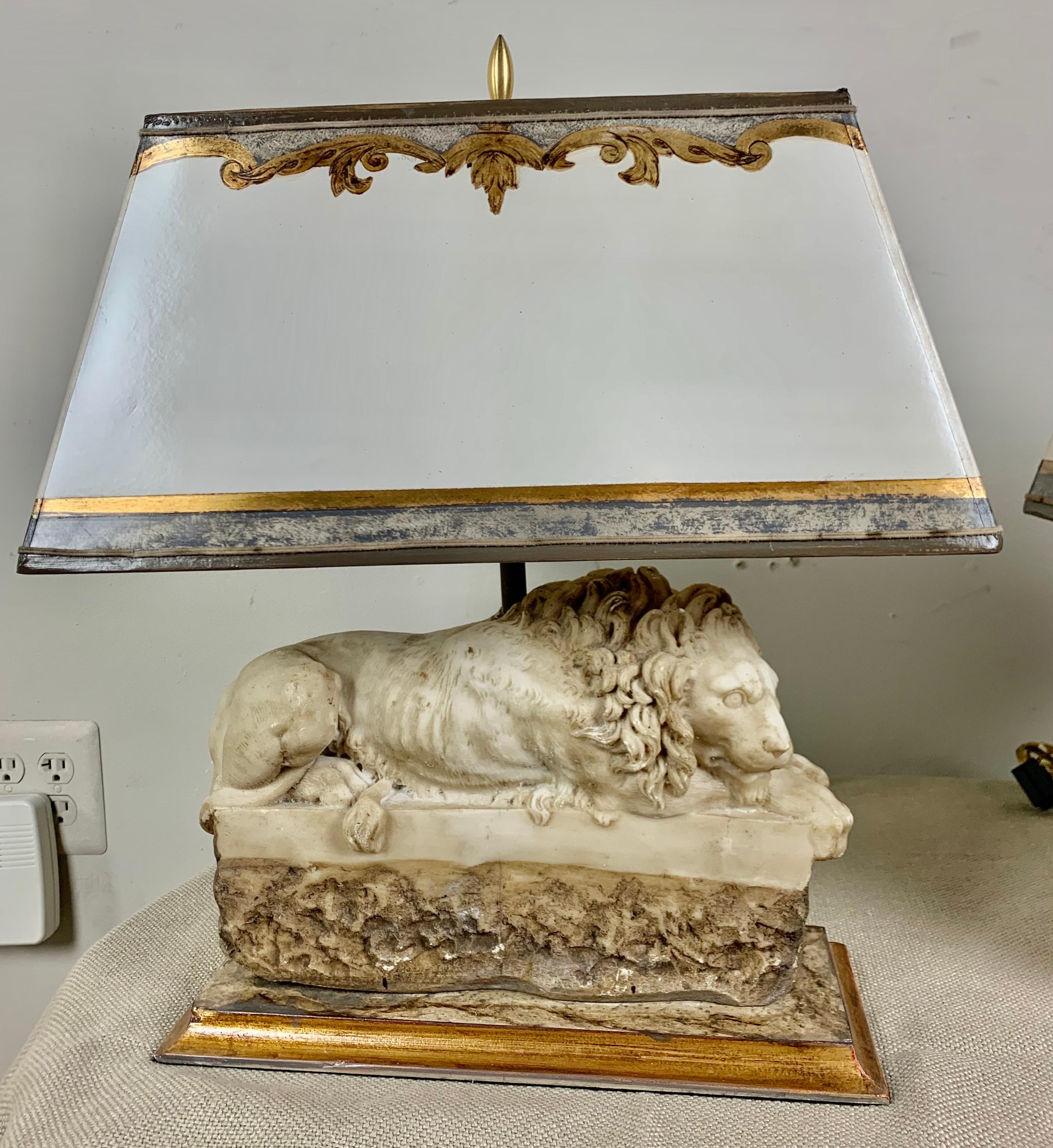 Pair of Italian Carved Stone Lion Lamps with Parchment Shades In Distressed Condition In Los Angeles, CA