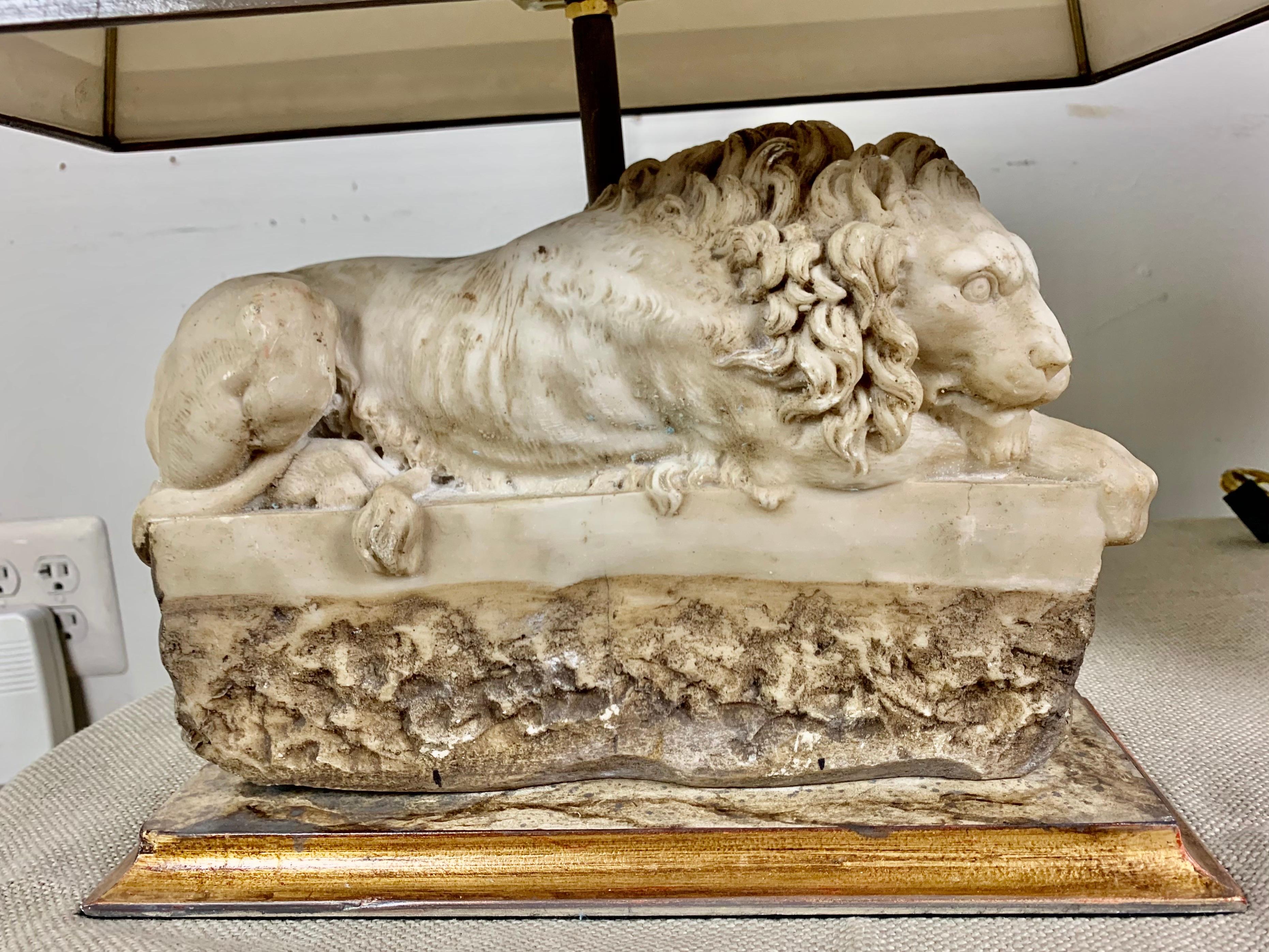 20th Century Pair of Italian Carved Stone Lion Lamps with Parchment Shades
