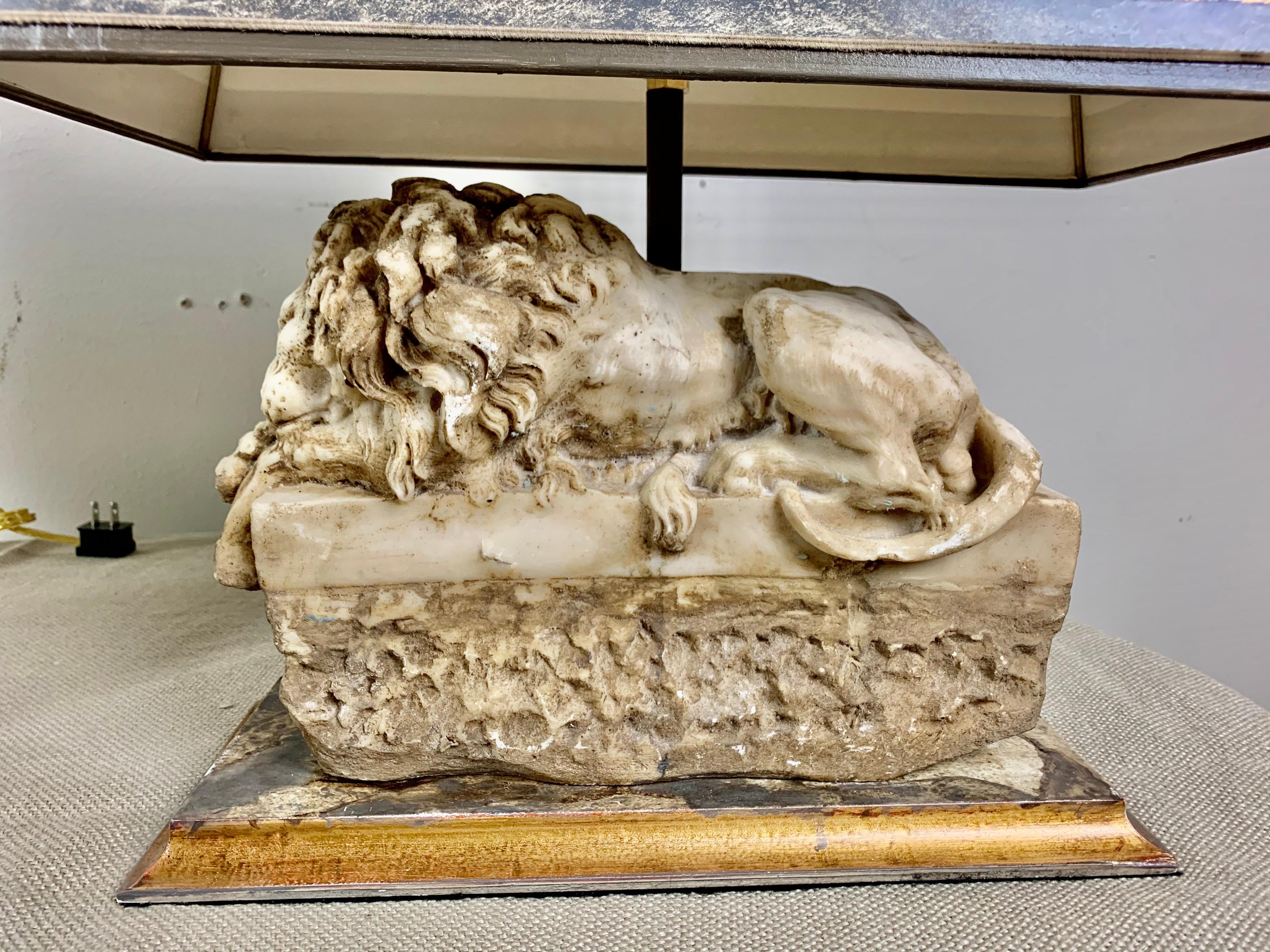 Pair of Italian Carved Stone Lion Lamps with Parchment Shades 1