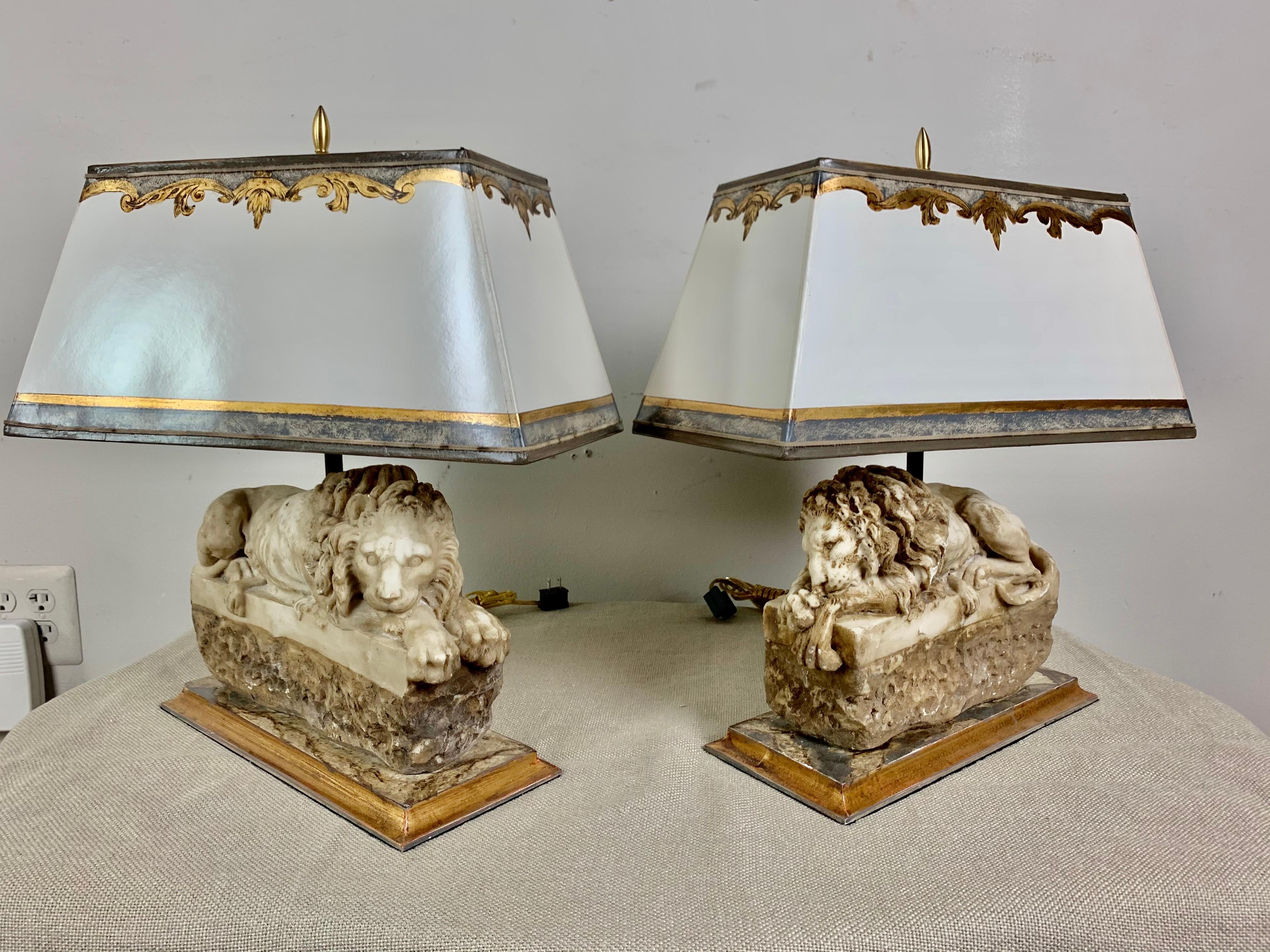 Pair of Italian Carved Stone Lion Lamps with Parchment Shades 5