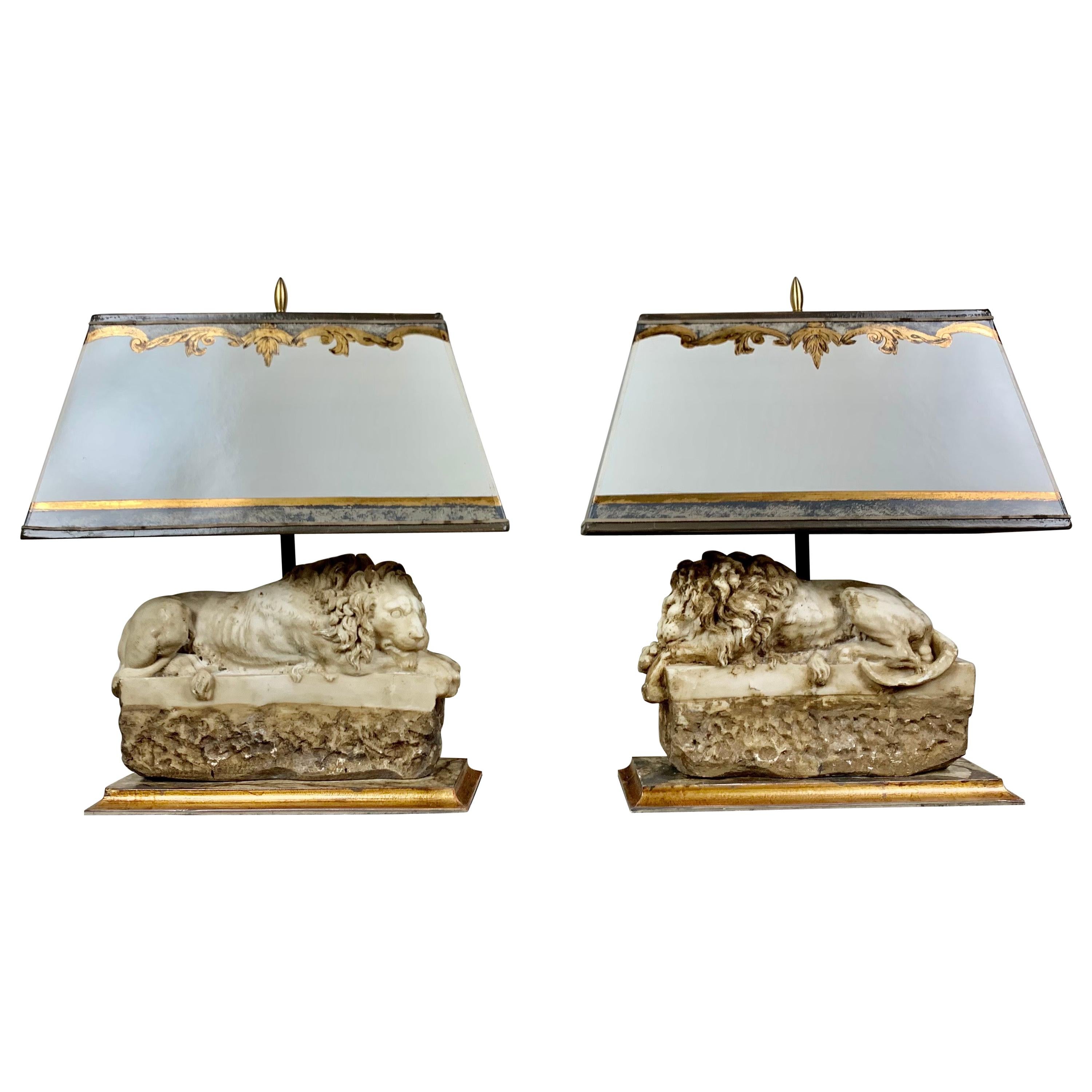 Pair of Italian Carved Stone Lion Lamps with Parchment Shades