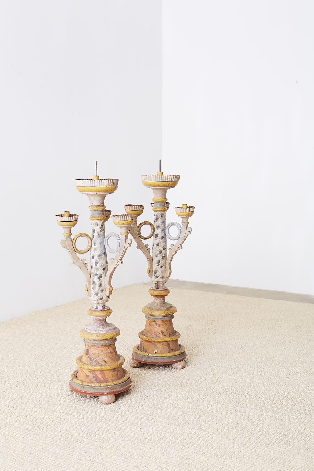 Pair of Italian Carved Three-Light Candelabras For Sale 11