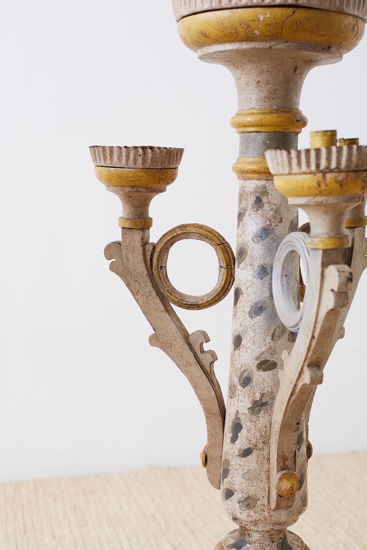 Rustic Pair of Italian Carved Three-Light Candelabras For Sale