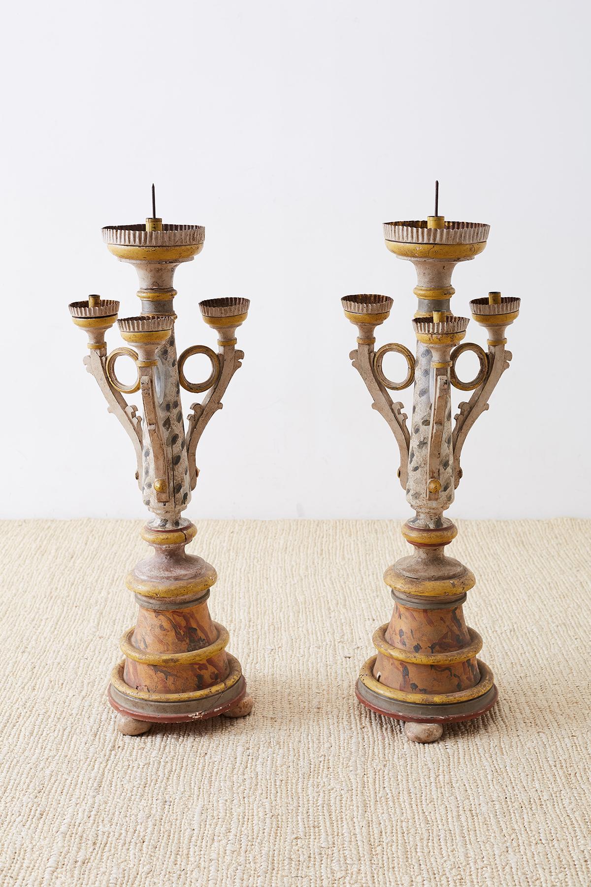 Hand-Carved Pair of Italian Carved Three-Light Candelabras For Sale