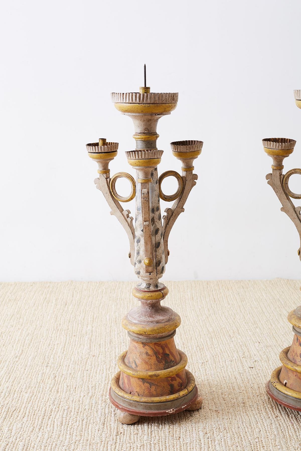 Pair of Italian Carved Three-Light Candelabras In Distressed Condition For Sale In Rio Vista, CA