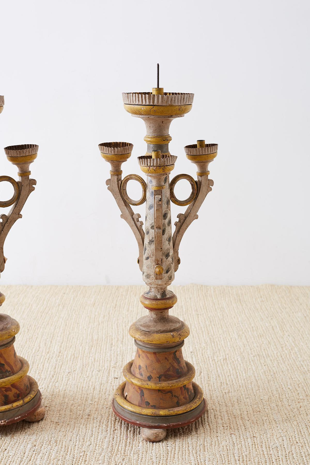 18th Century and Earlier Pair of Italian Carved Three-Light Candelabras For Sale