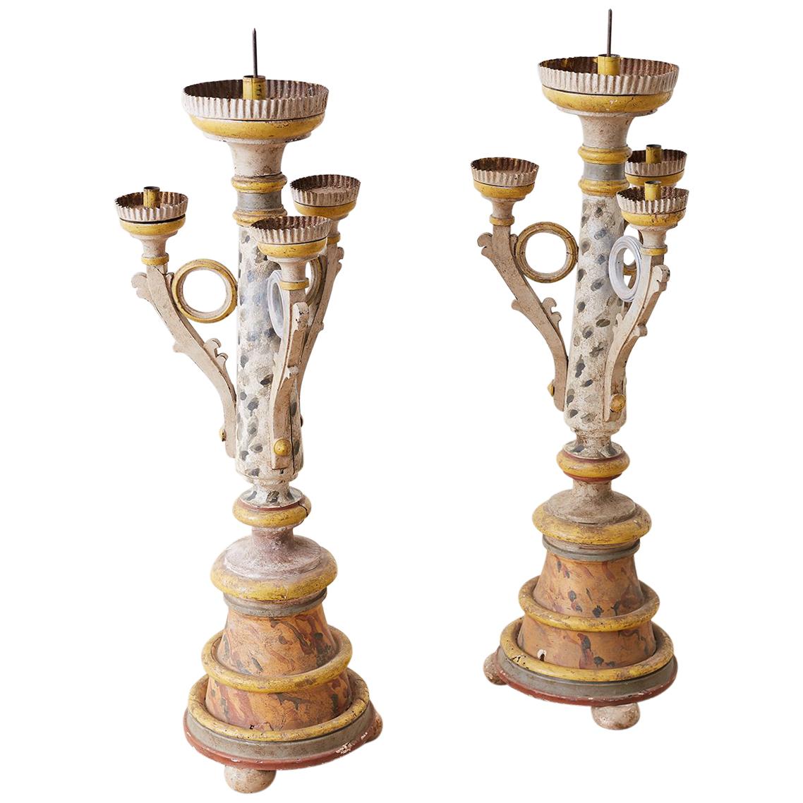 Pair of Italian Carved Three-Light Candelabras For Sale