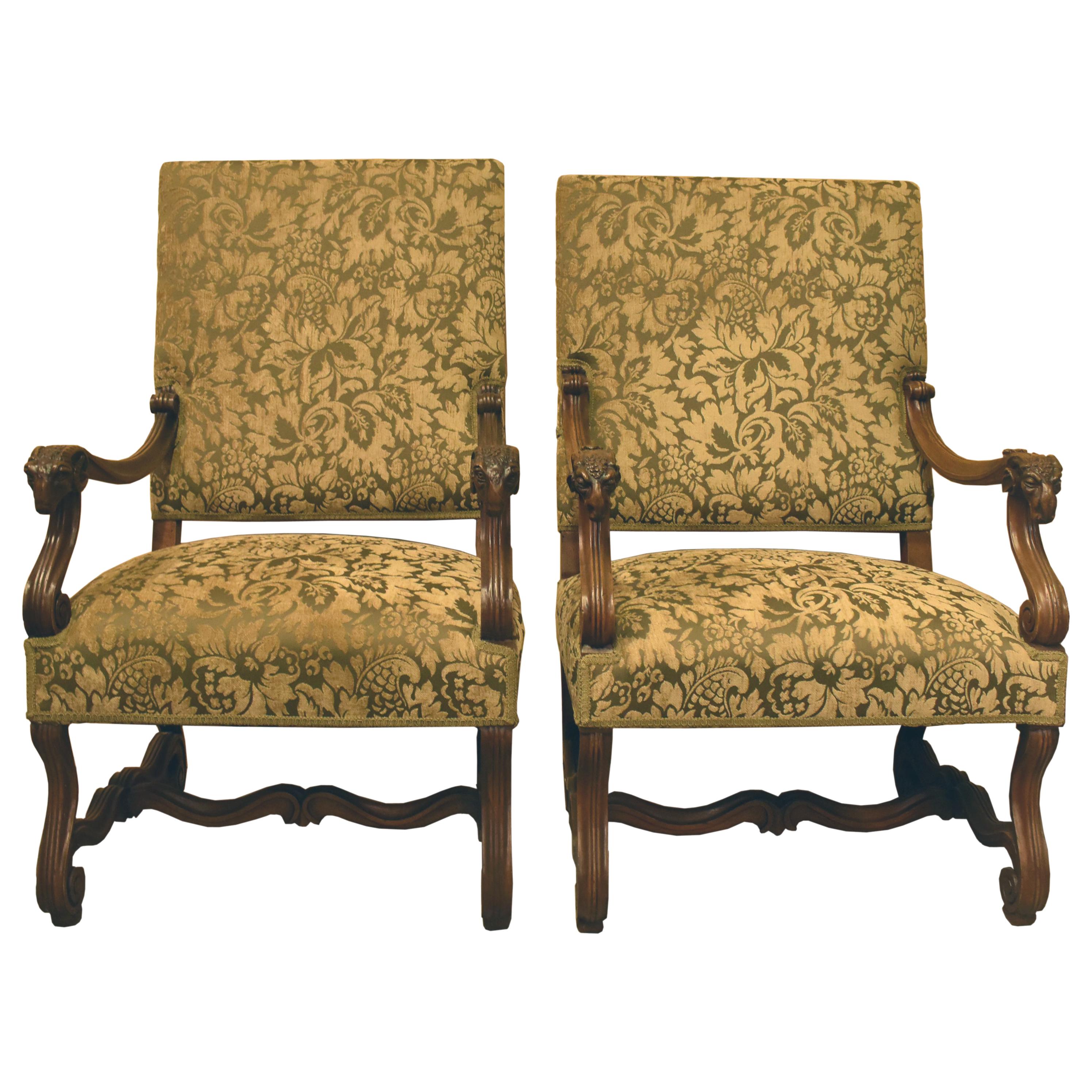Pair of Italian Carved Walnut Armchairs, 19th Century