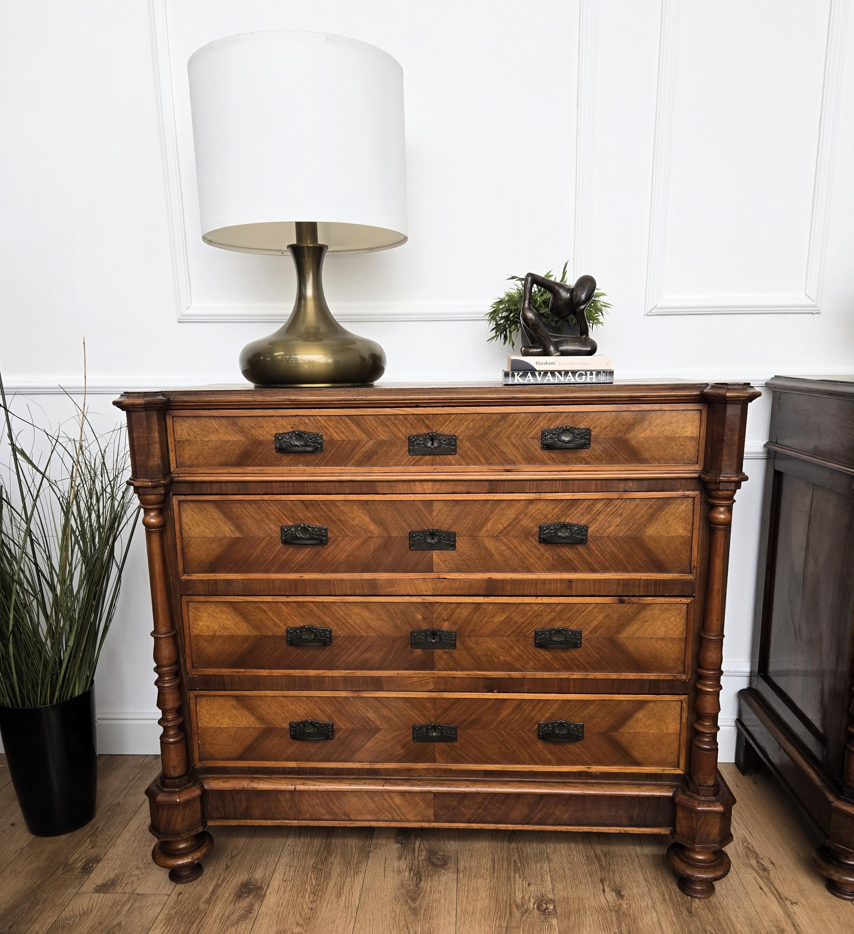 Art Deco Pair of Italian Carved Walnut Burl Brass Chest of Drawers Sideboard Credenza For Sale