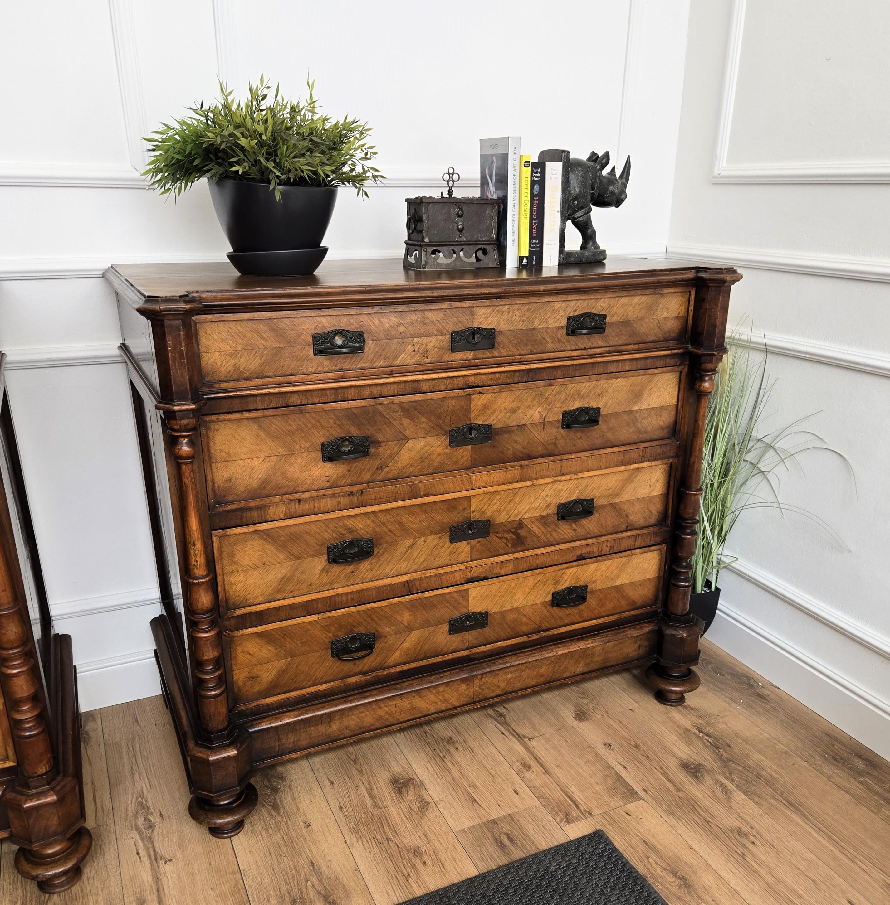 19th Century Pair of Italian Carved Walnut Burl Brass Chest of Drawers Sideboard Credenza For Sale
