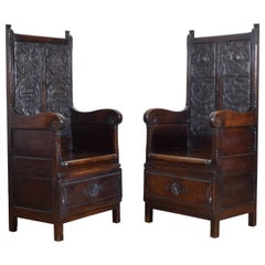 Antique Pair of Italian Carved Walnut Monastic Chairs, 19th Century
