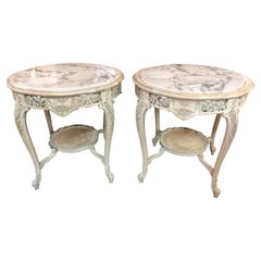 Beautiful Italian Carved Whitewashed Side Tables with Carrara Top