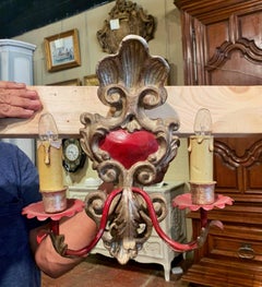 Pair of Italian Carved Wood and Metal Gilt and Silvered Two-Light Wall Sconces