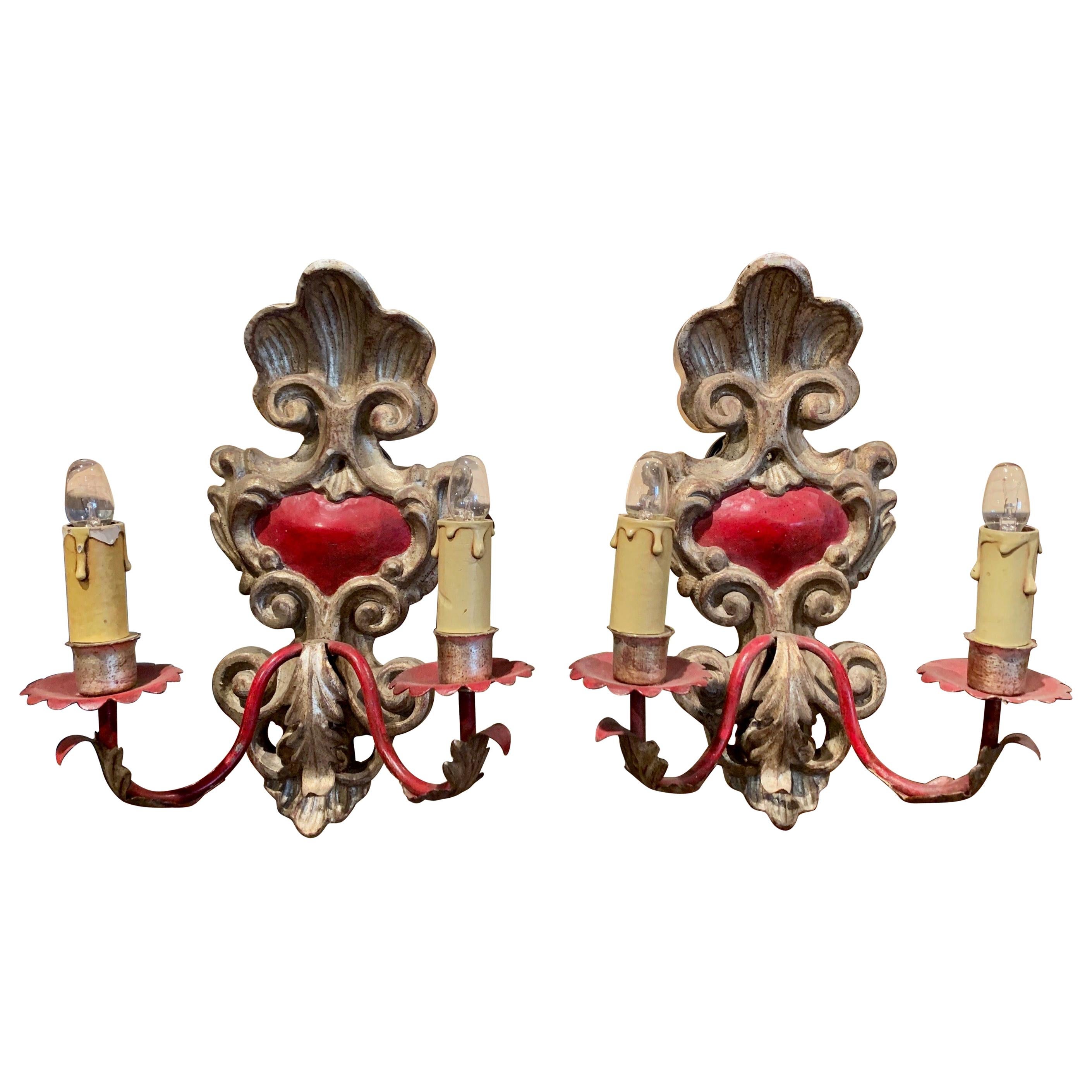 Pair of Italian Carved Wood and Metal Gilt and Silvered Two-Light Wall Sconces