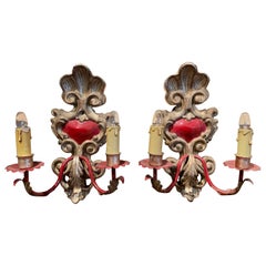 Pair of Italian Carved Wood and Metal Gilt and Silvered Two-Light Wall Sconces