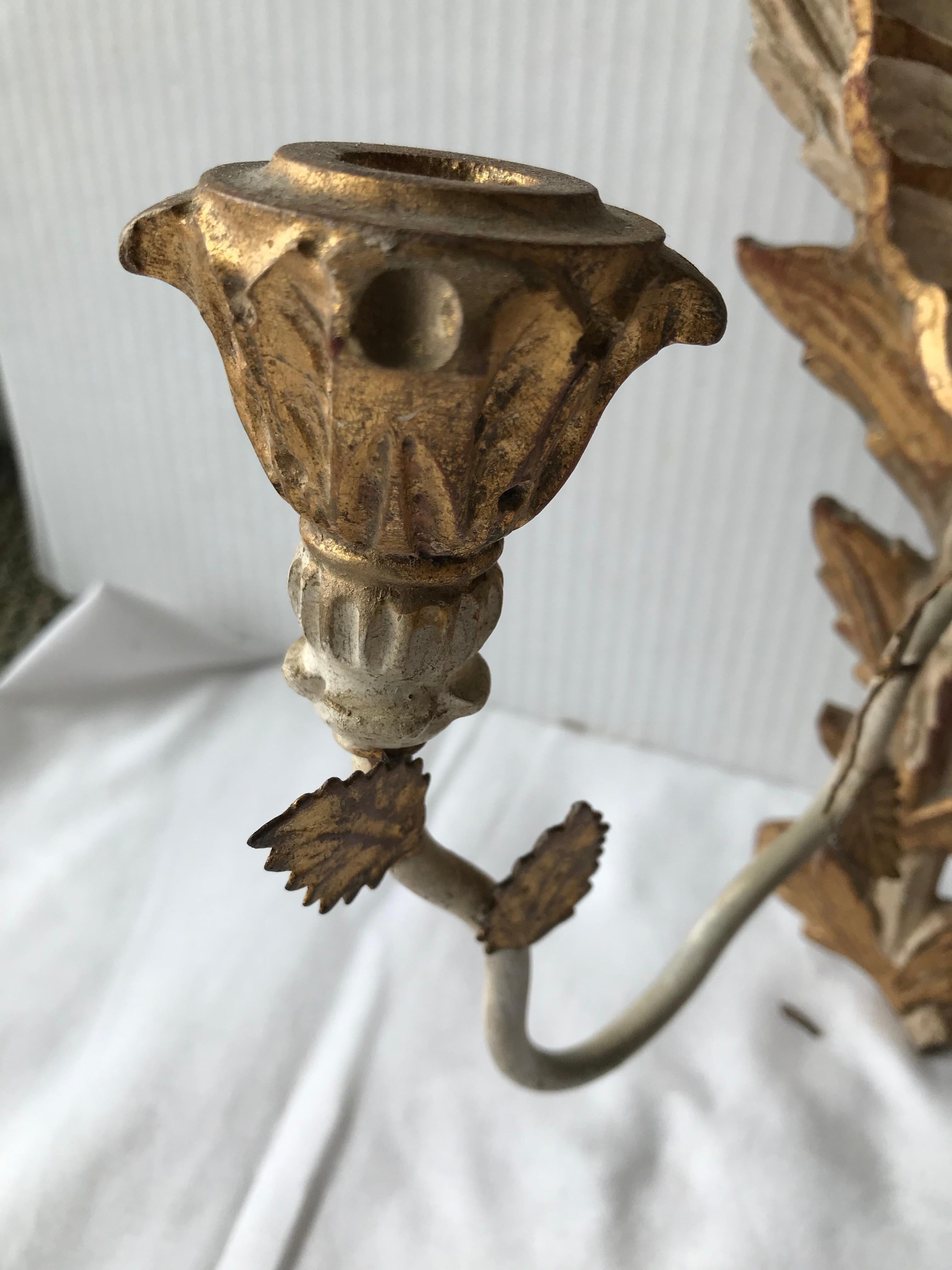 Pair of Italian Carved Wood and Metal Shell Motif Sconces 1