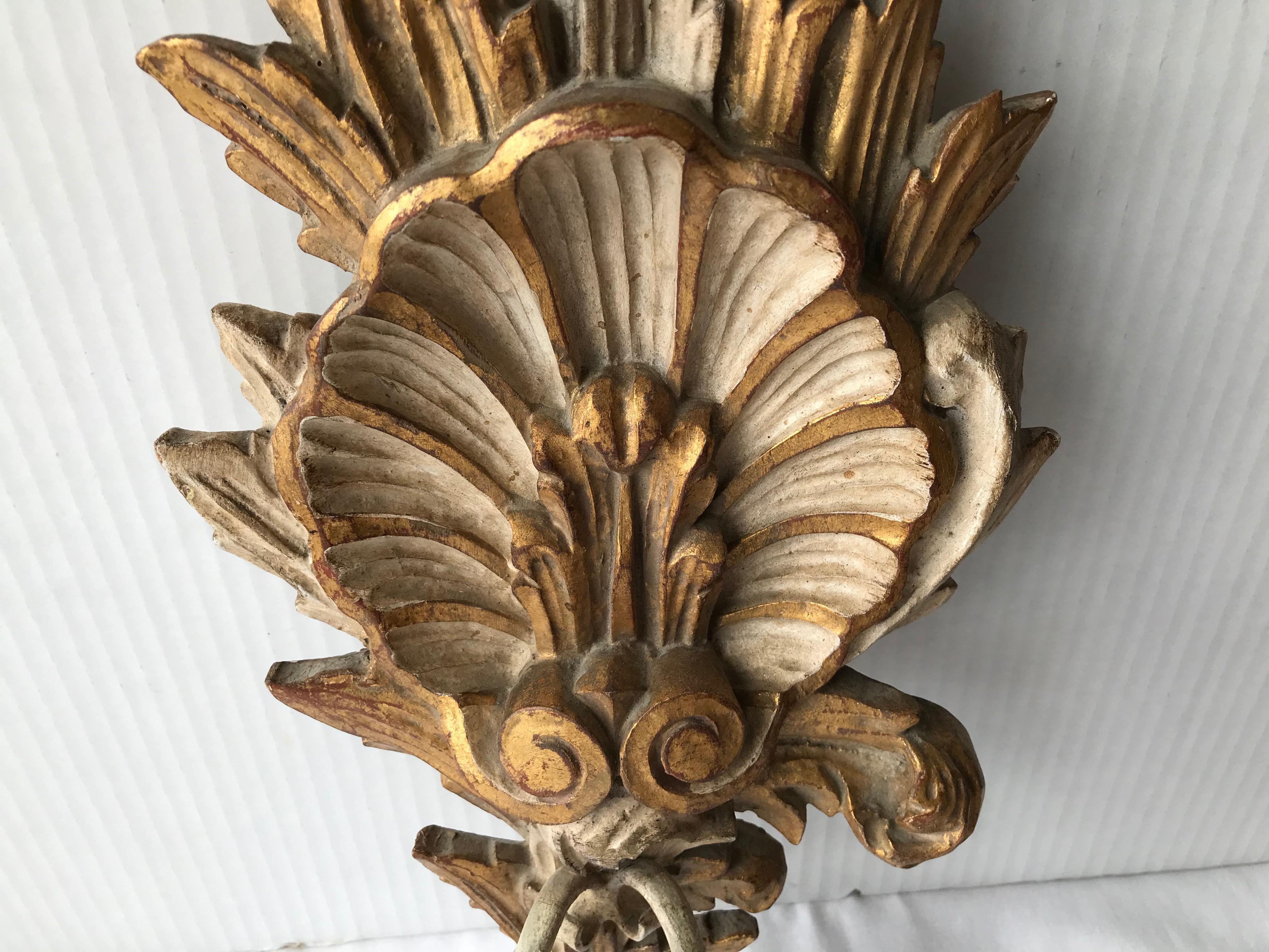 Pair of Italian Carved Wood and Metal Shell Motif Sconces 3
