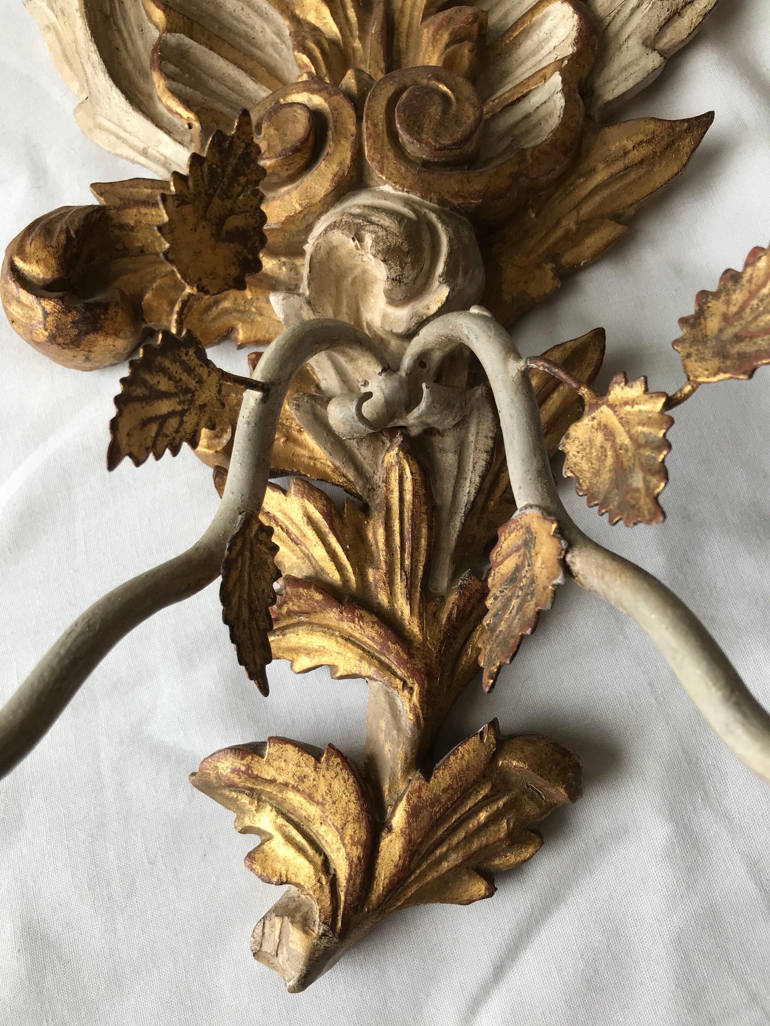 Pair of Italian Carved Wood and Metal Shell Motif Sconces 4
