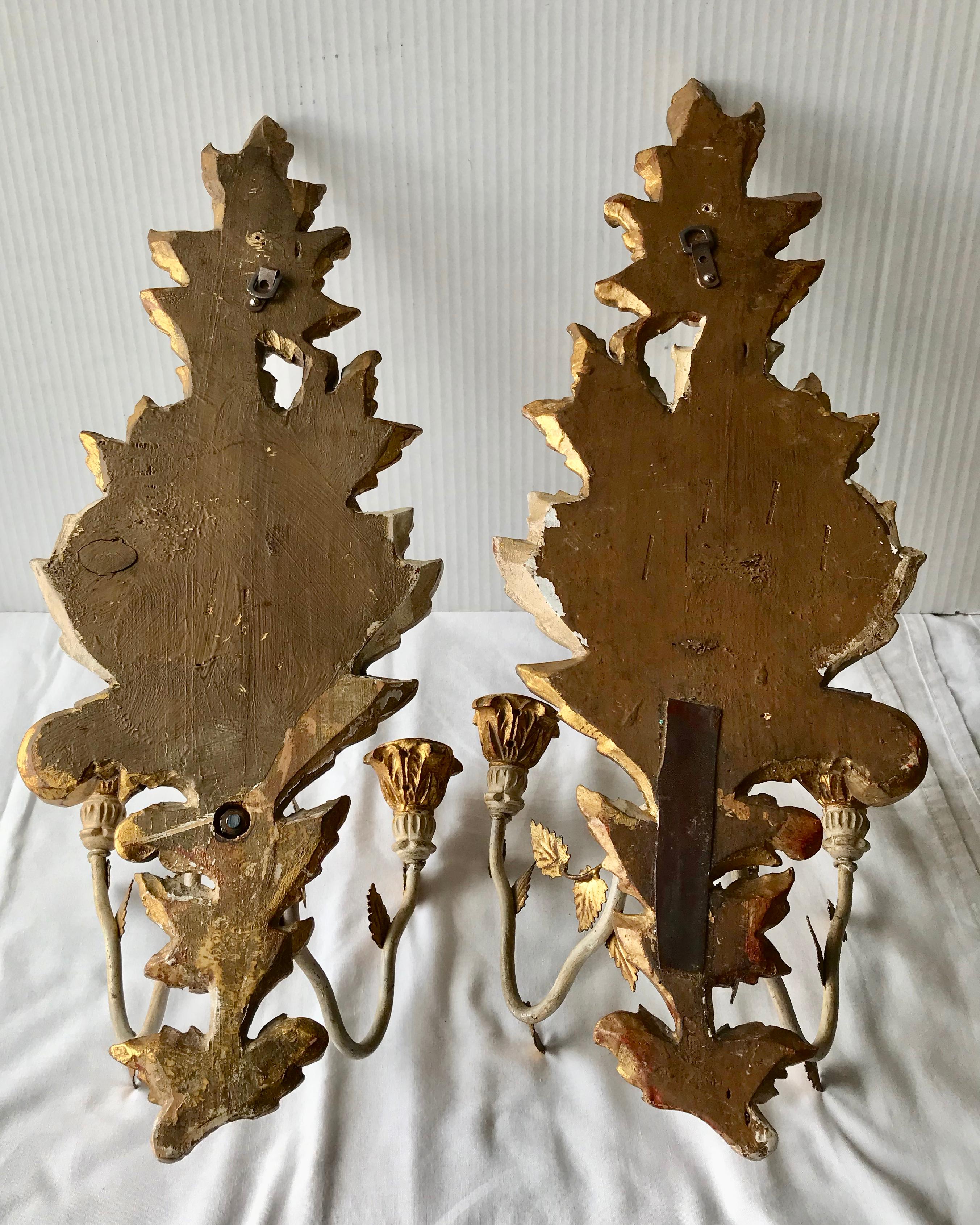 Pair of Italian Carved Wood and Metal Shell Motif Sconces 5