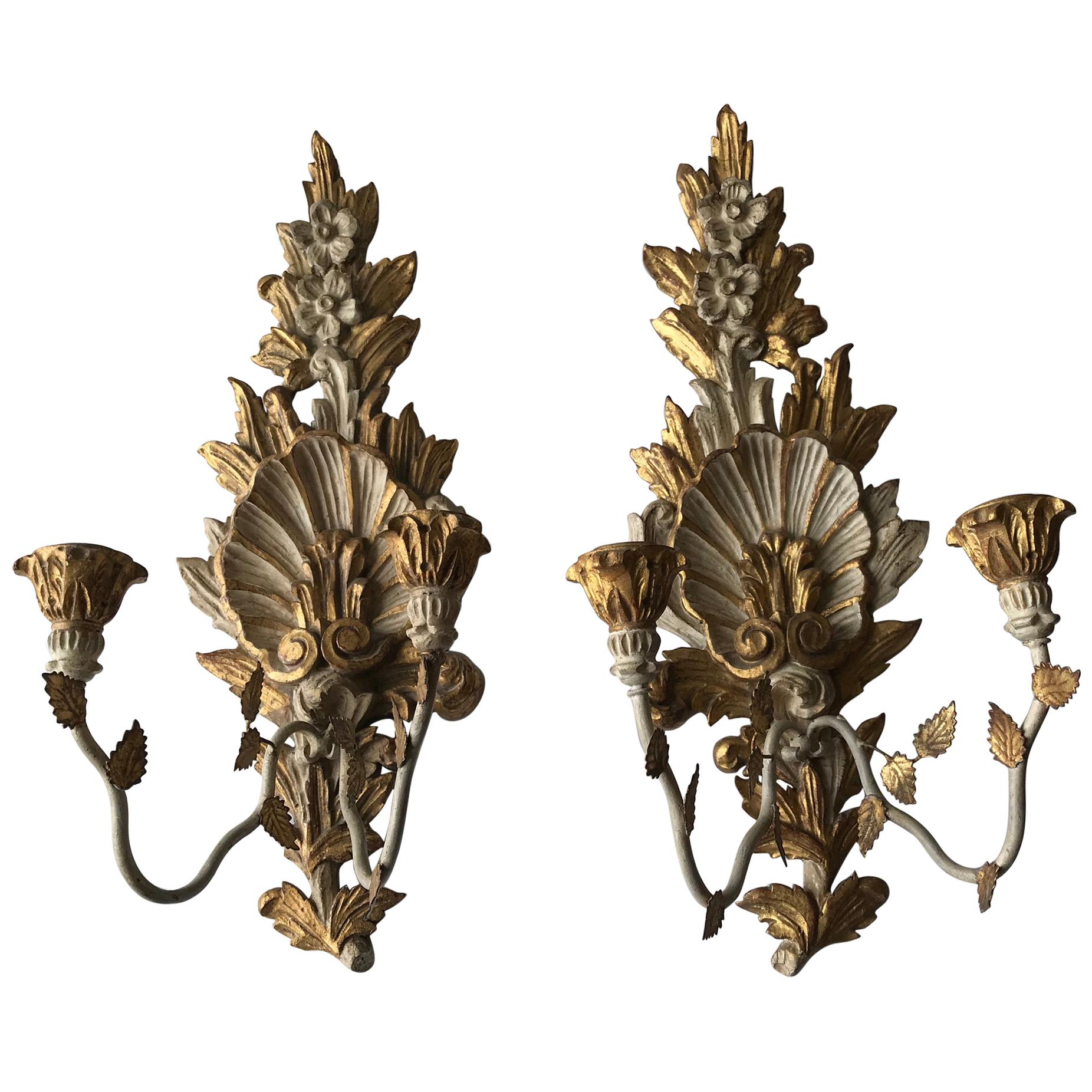 Pair of Italian Carved Wood and Metal Shell Motif Sconces