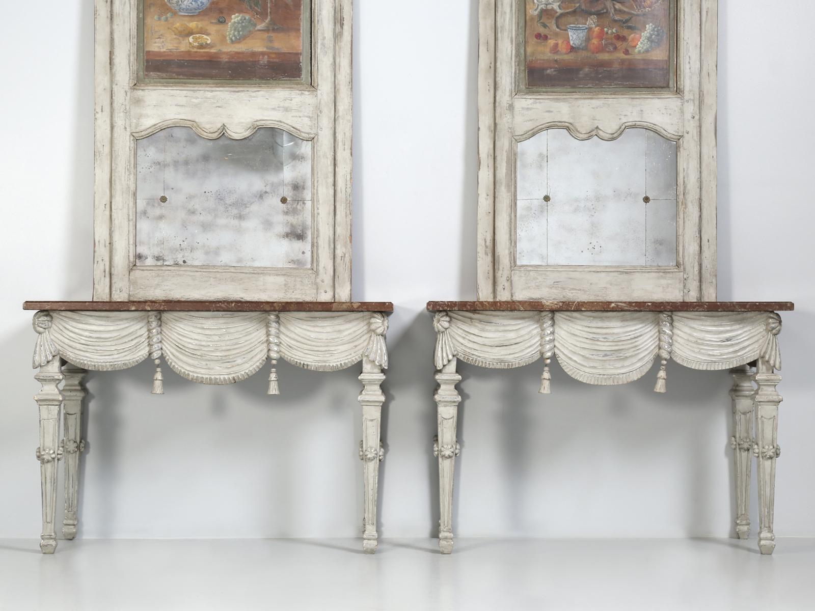 Pair of Italian Carved Wood and Painted Console Tables with Matching Trumeau's 10