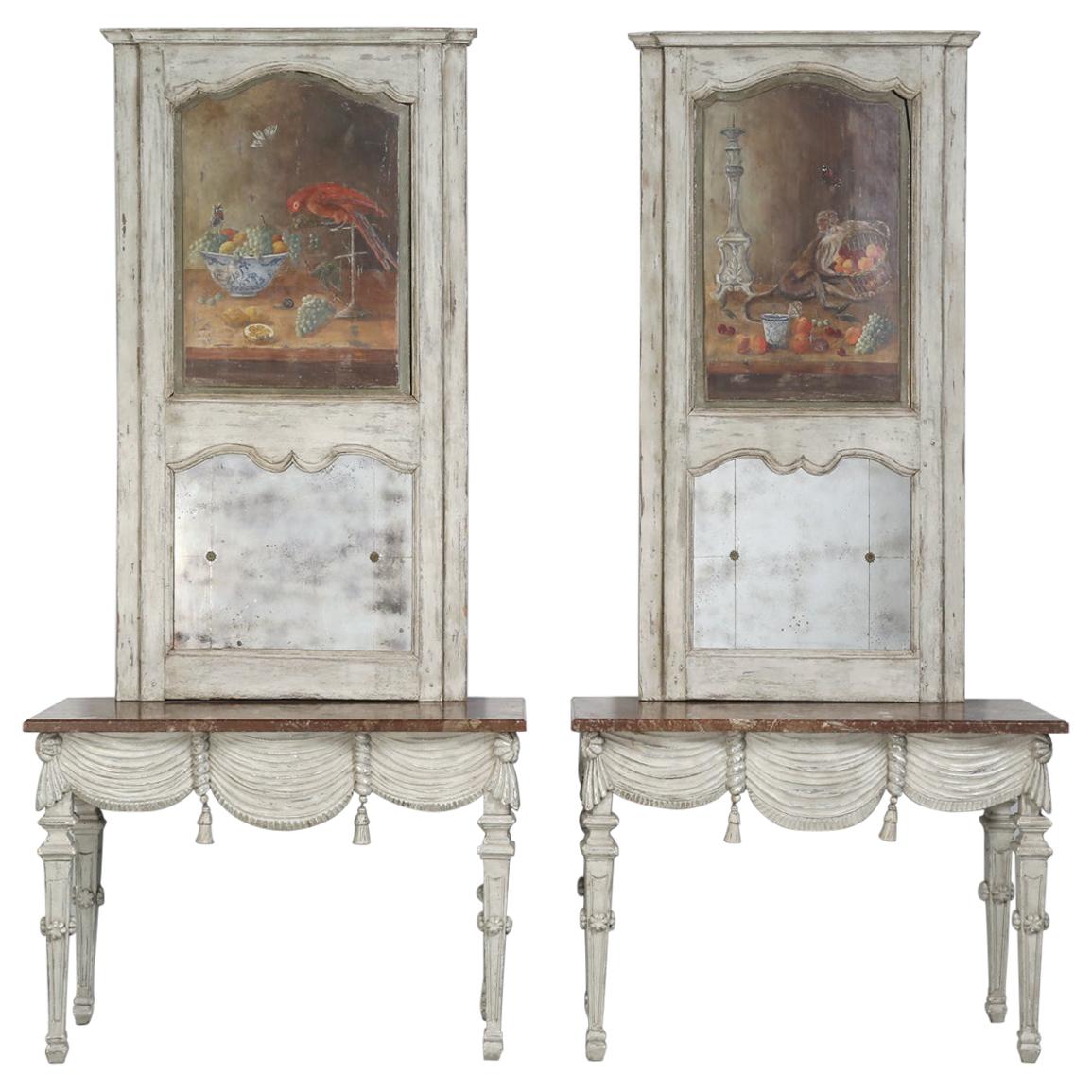 Pair of Italian Carved Wood and Painted Console Tables with Matching Trumeau's