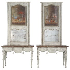 Antique Pair of Italian Carved Wood and Painted Console Tables with Matching Trumeau's