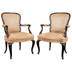 Pair of Italian Carved Wood and Upholstered Fauteuils
