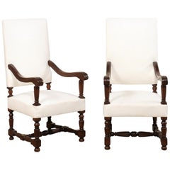 Pair of Italian Carved-Wood Armchairs with Newly Upholstered Seat and Back