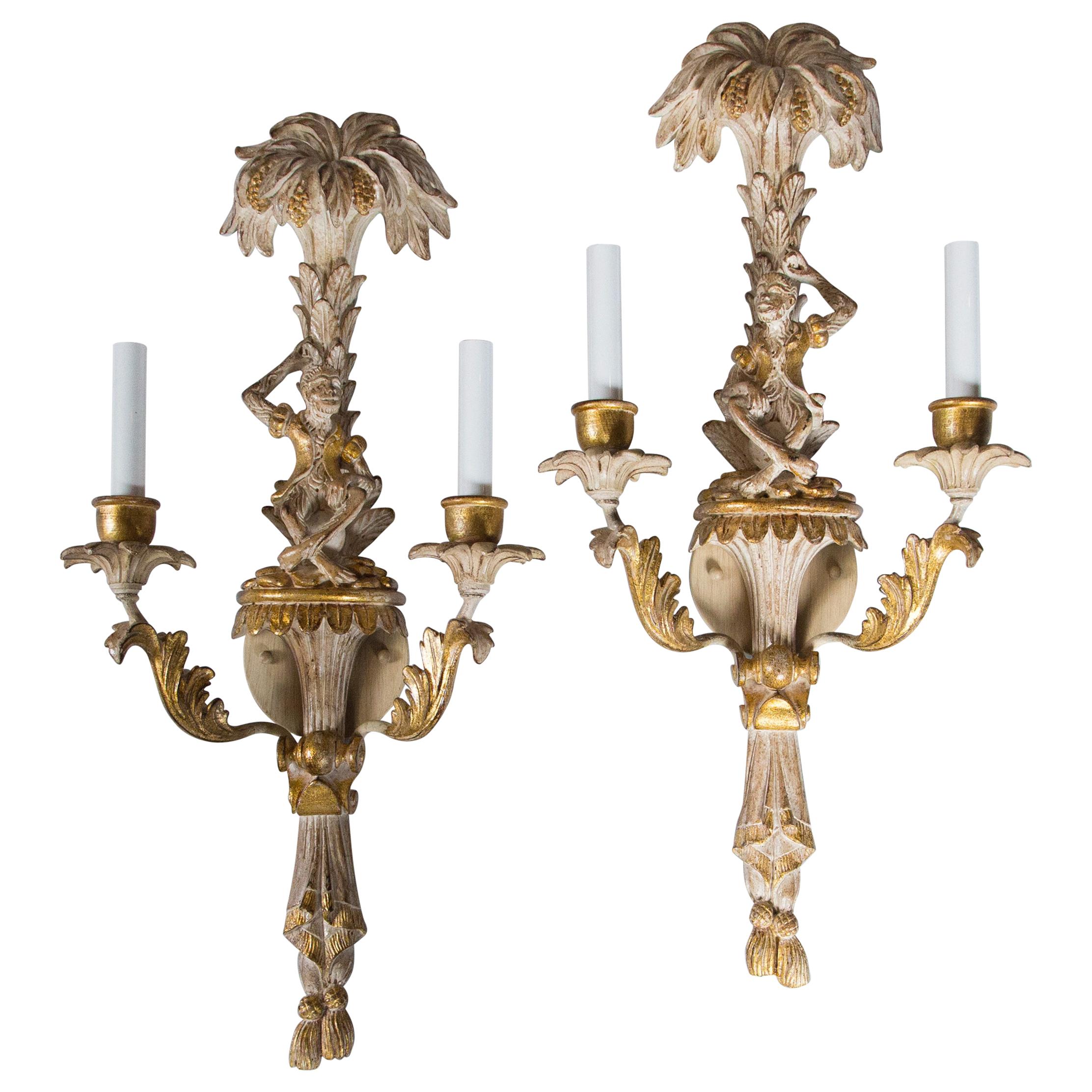 Pair of Italian Carved Wood Chinoiserie Sconces with Monkeys and Palms