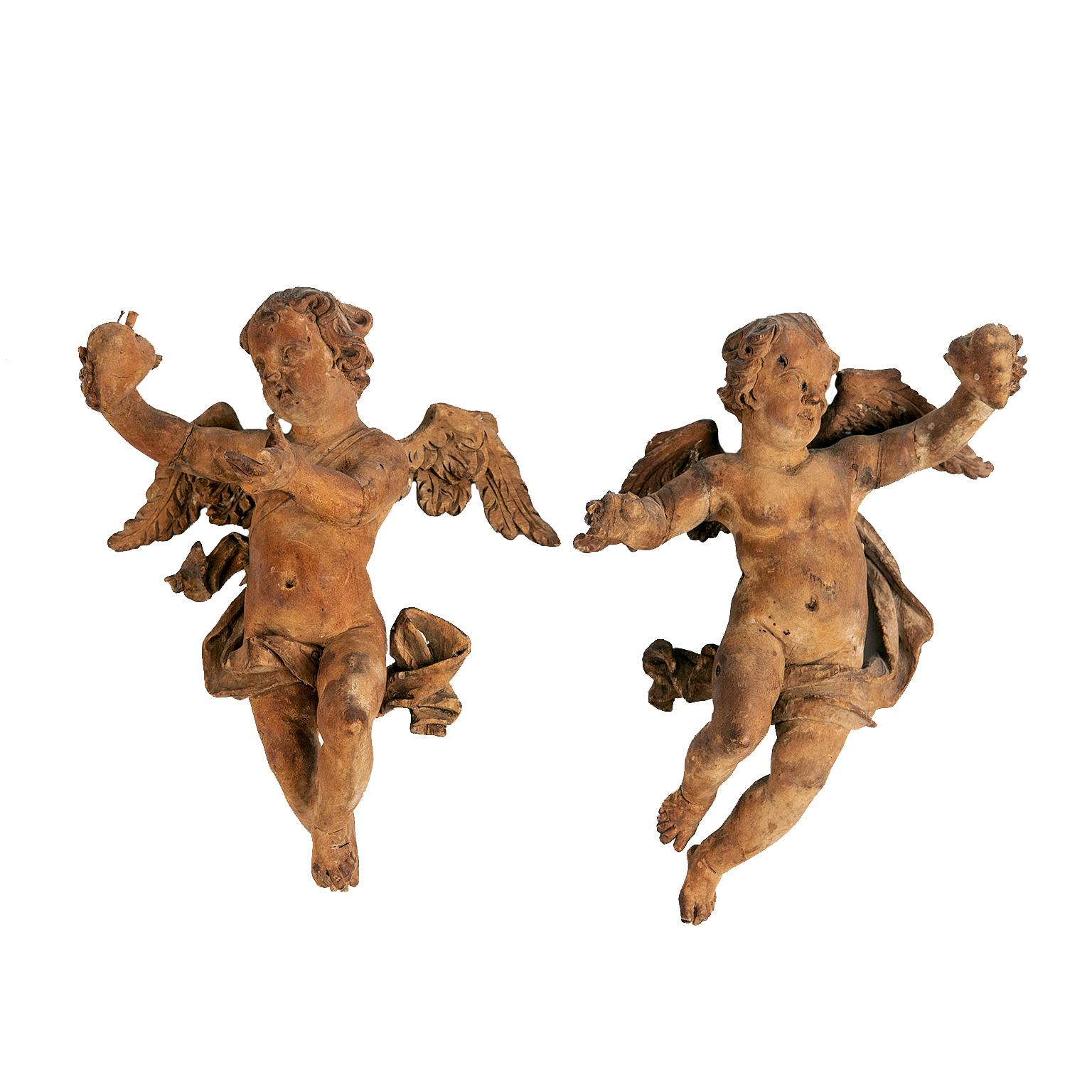 Pair of Italian Carved Wood Figures of Putti, Cherub, Angels, Late 18th Century