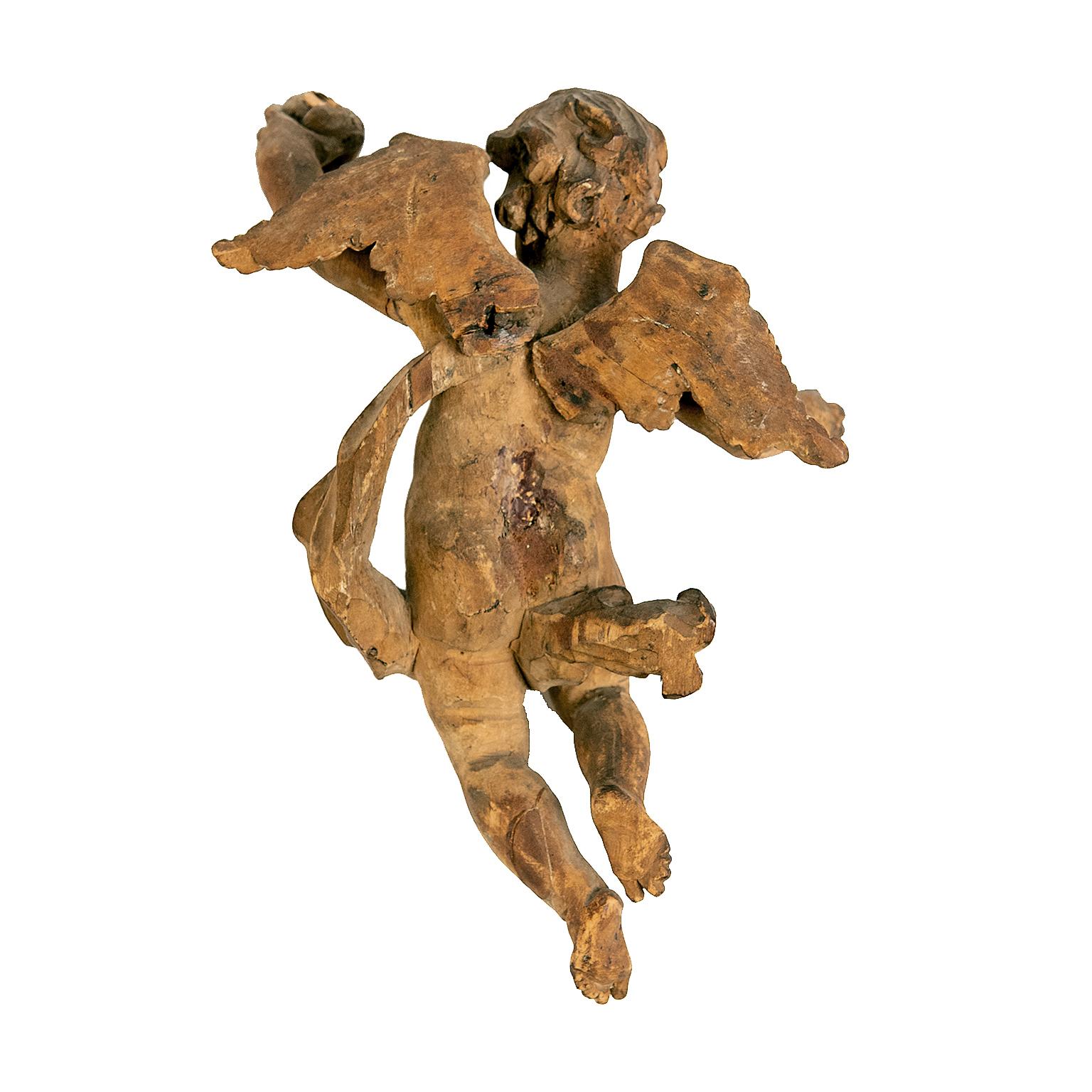 Hand-Carved Pair of Italian Carved Wood Figures of Putti, Cherub, Angels, Late 18th Century