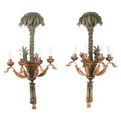 Pair of Italian Carved Wood Four-Light Palm Tree Sconces