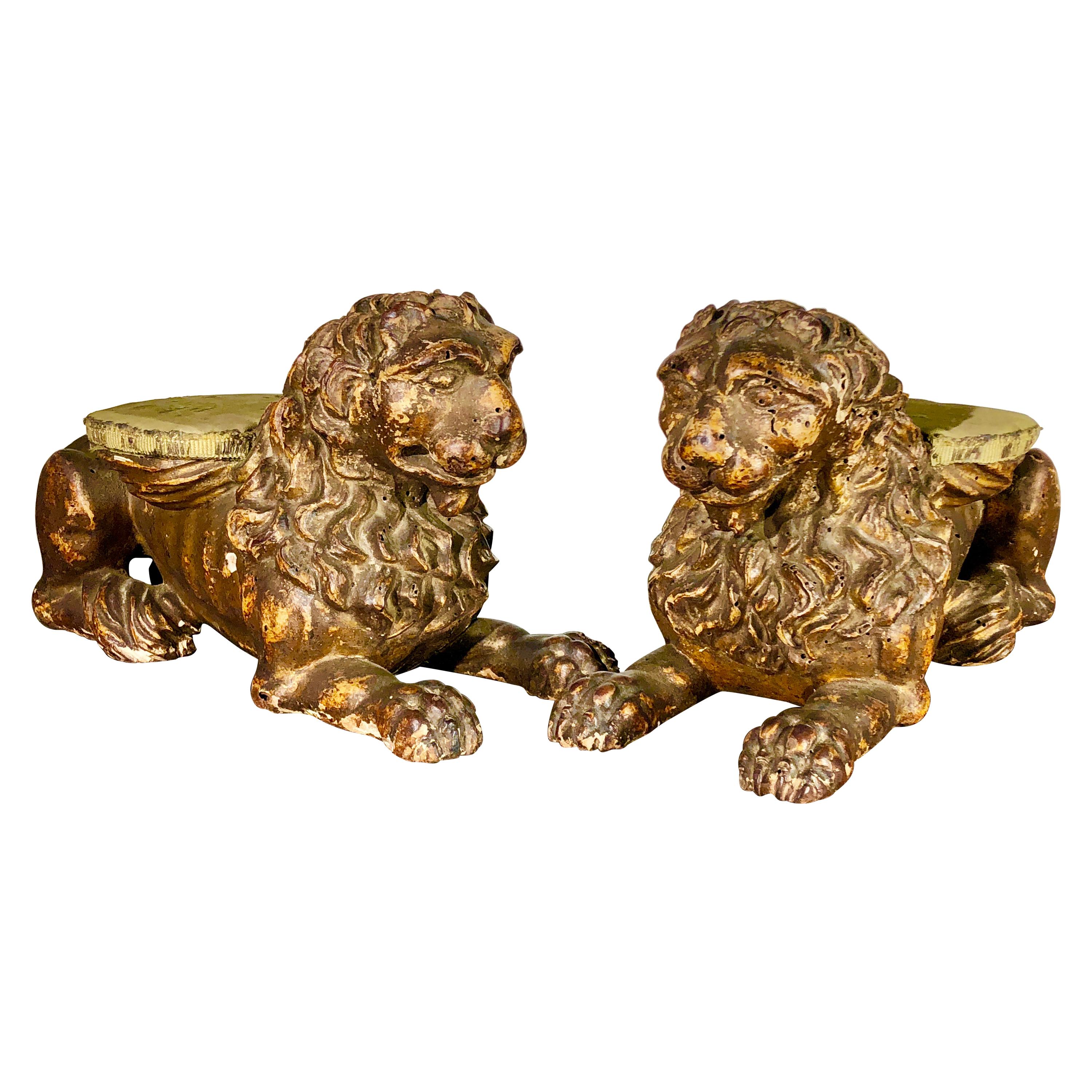 Pair of Italian Carved Wood Lions, 17th Century