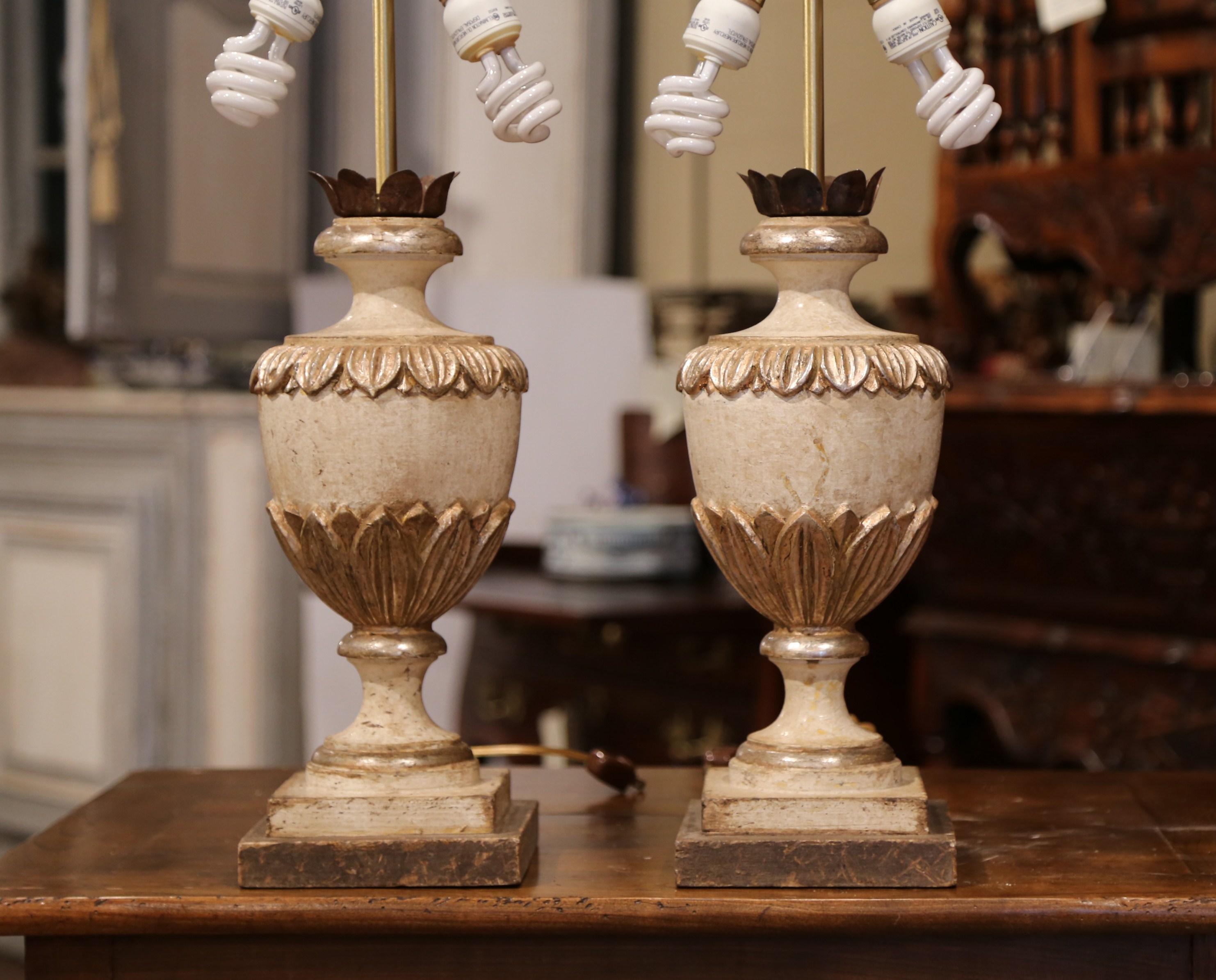 Pair of Italian Carved Oak Polychrome and Painted Urn Table Lamps 3