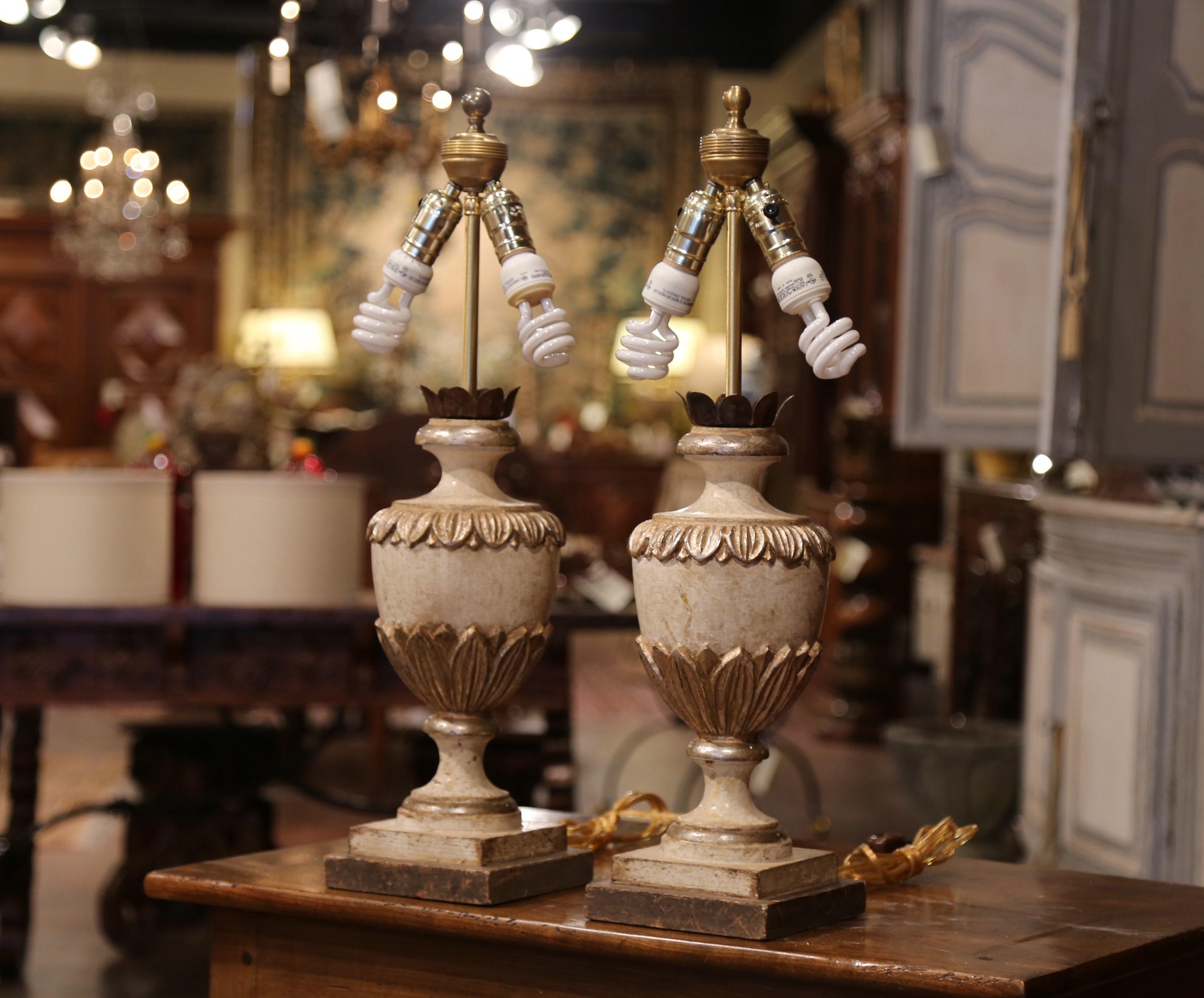 Hand-Painted Pair of Italian Carved Oak Polychrome and Painted Urn Table Lamps