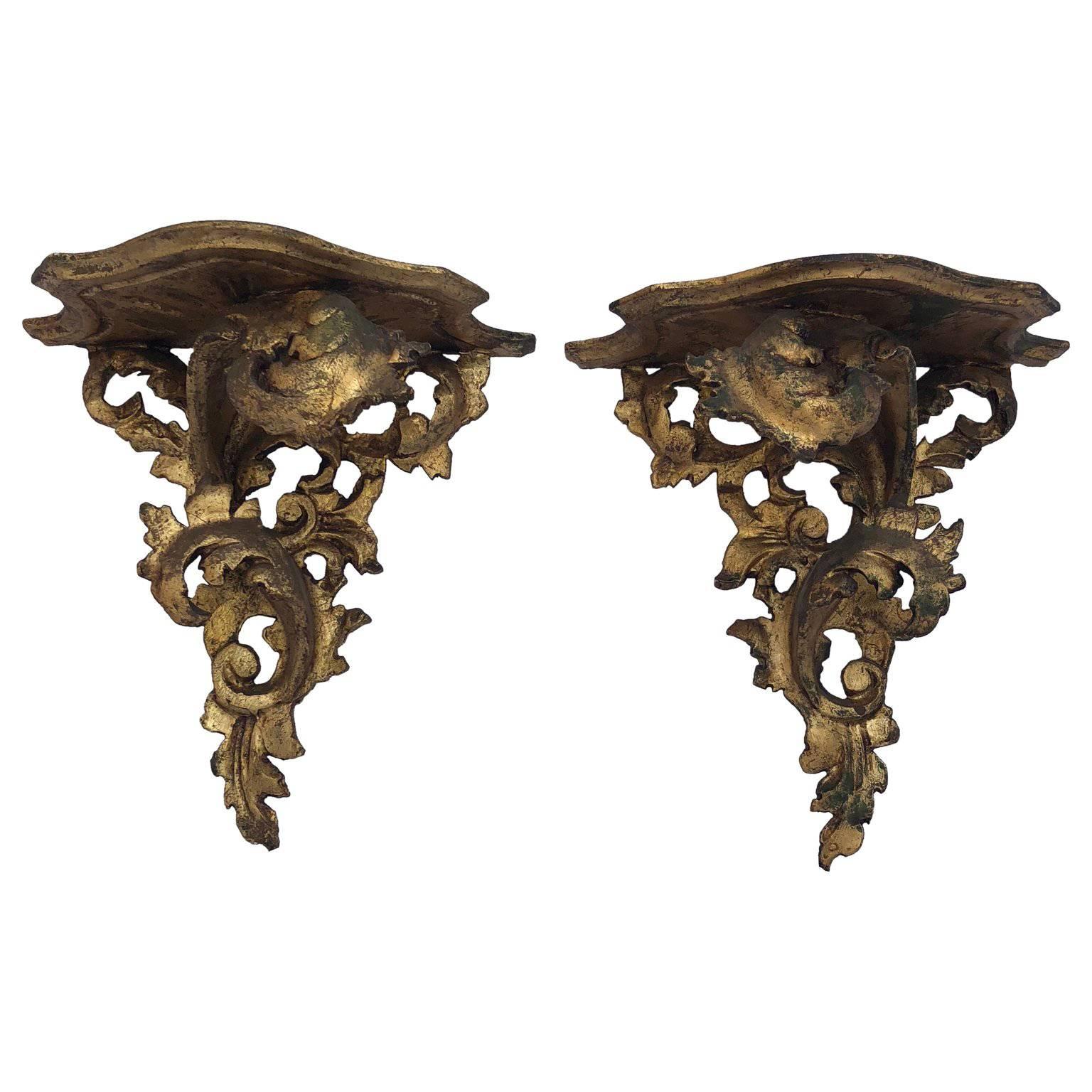Pair of Italian Carved Wood Rococo Style Shelves or Brackets