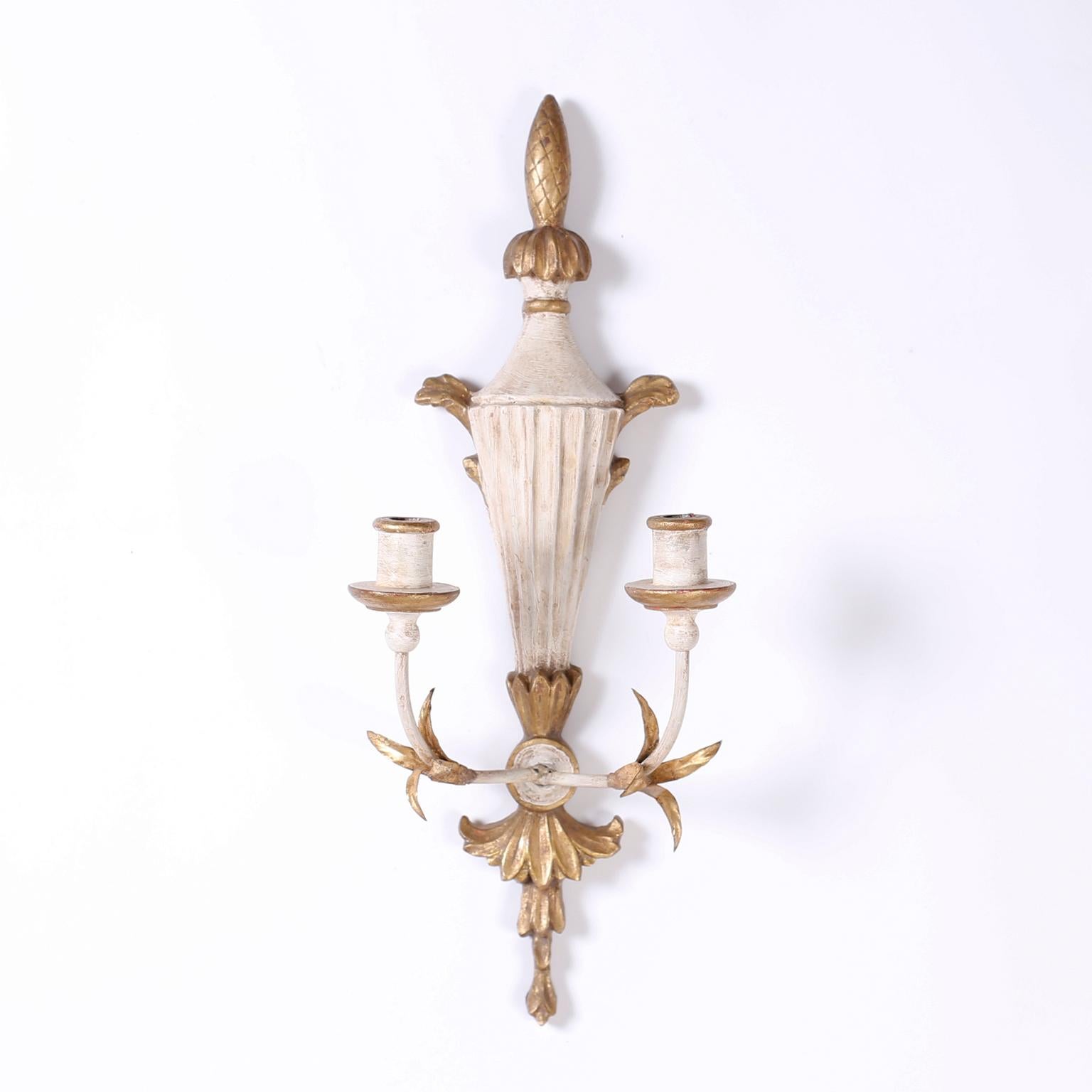 Neoclassical Pair of Italian Carved Wood Sconces
