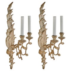 Pair of Italian Carved Wood Wall Sconces with Seashells