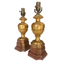 Antique Pair of Italian Carved Wood Water Gilt Lamps