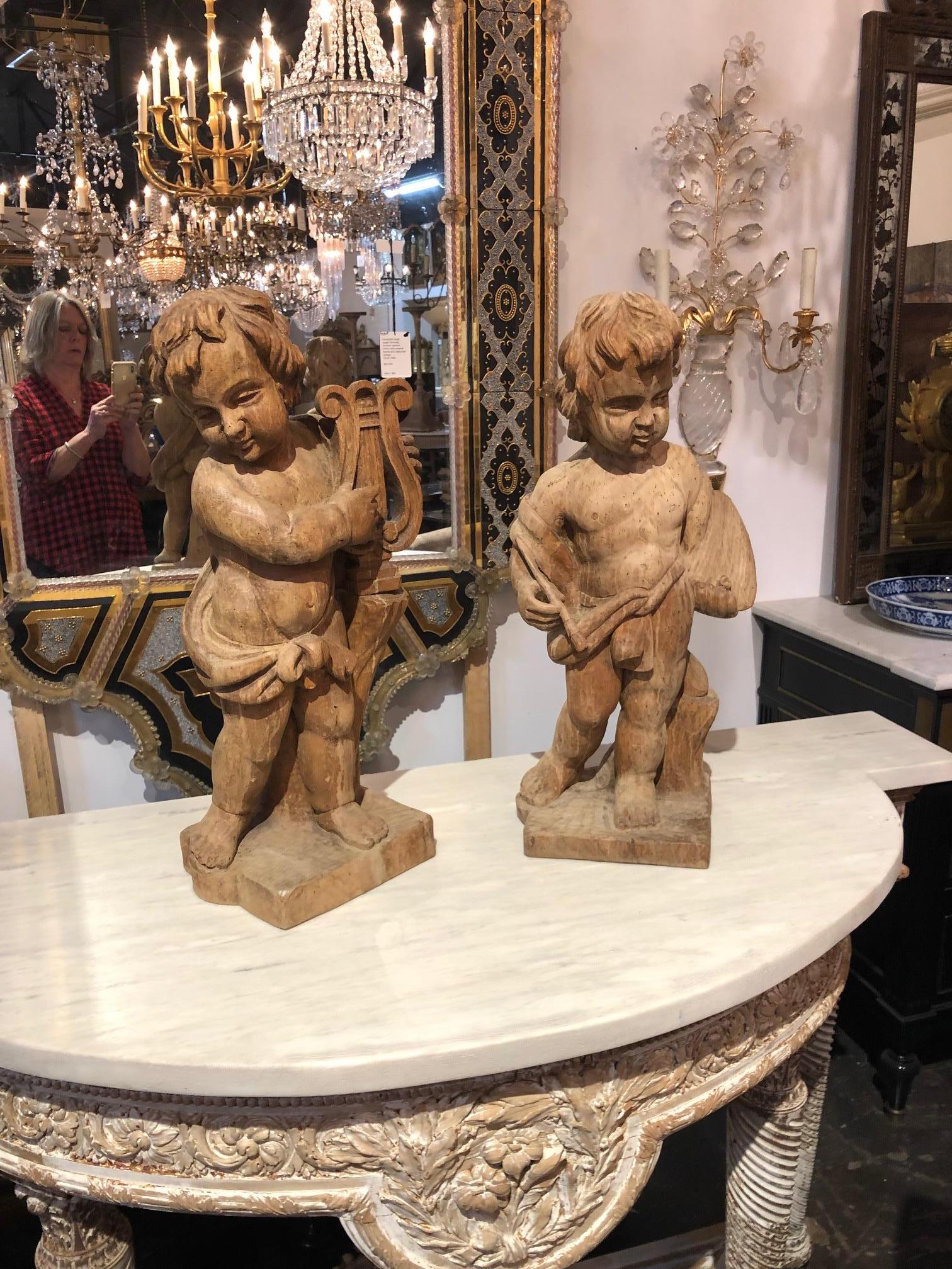 Pair of Italian Carved Wooden Cherubs, circa 1860 1