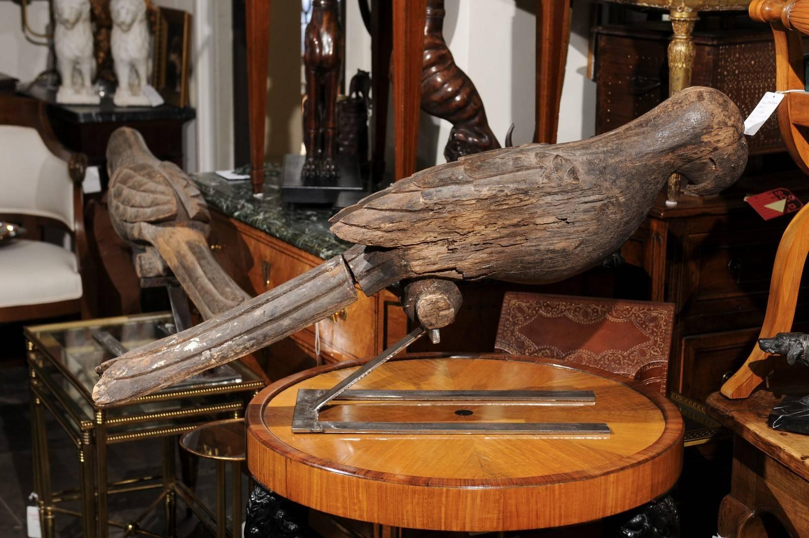 Pair of Italian Carved Wooden Parrots circa 1880, Mounted on Modern Steel Bases In Good Condition For Sale In Atlanta, GA