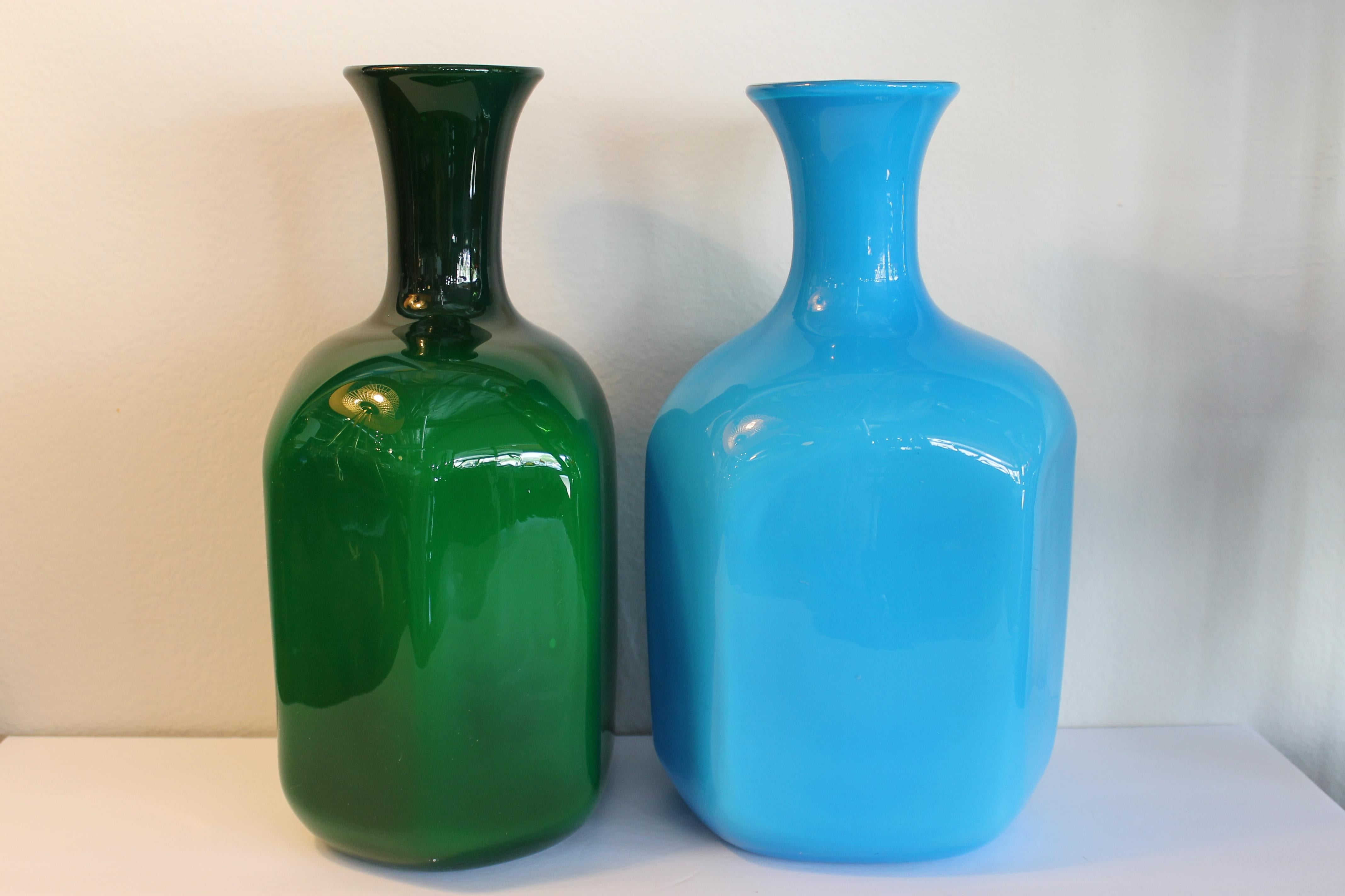 Mid-Century Modern Pair of Murano Cased Glass Blue and Green Vases