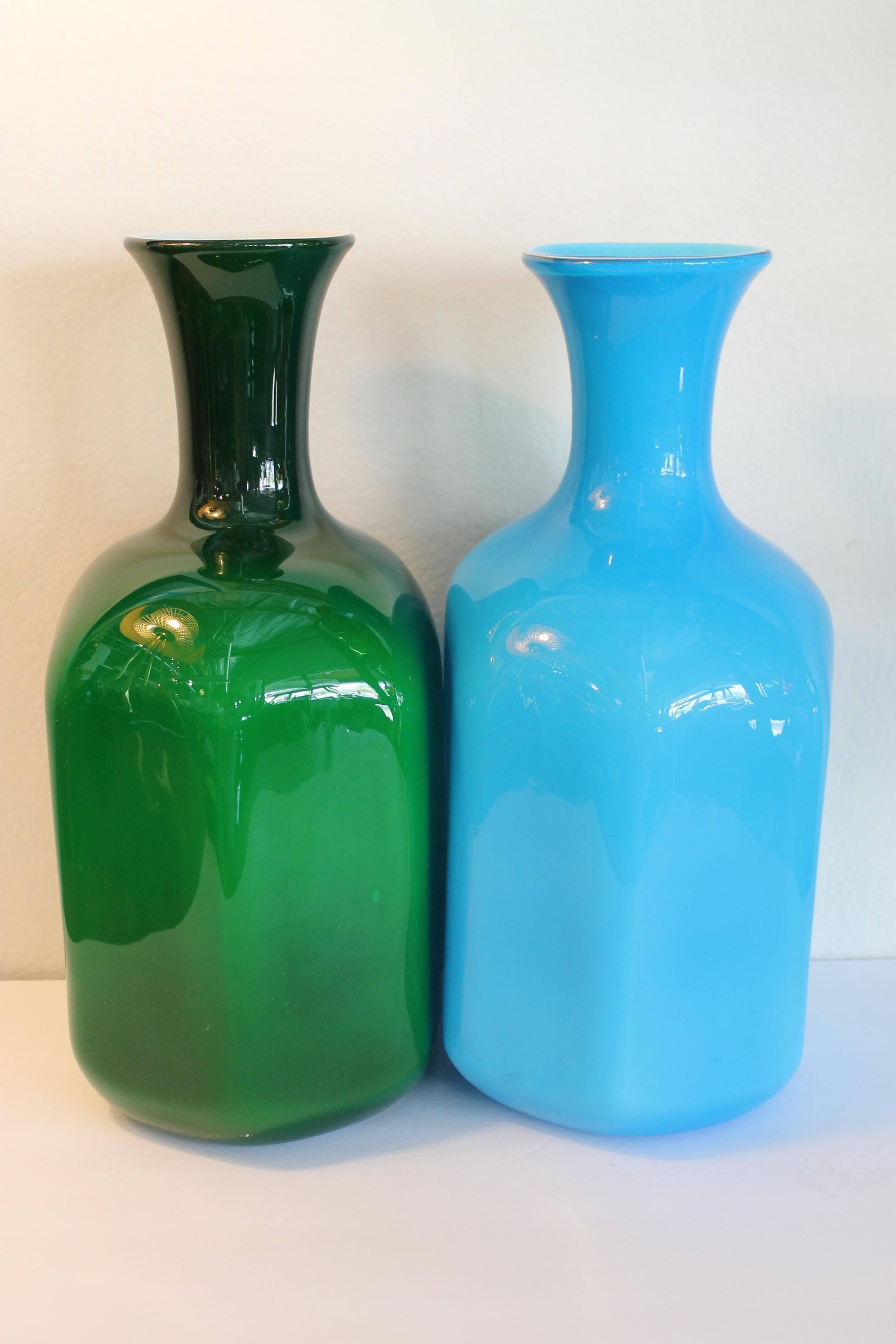 Italian Pair of Murano Cased Glass Blue and Green Vases