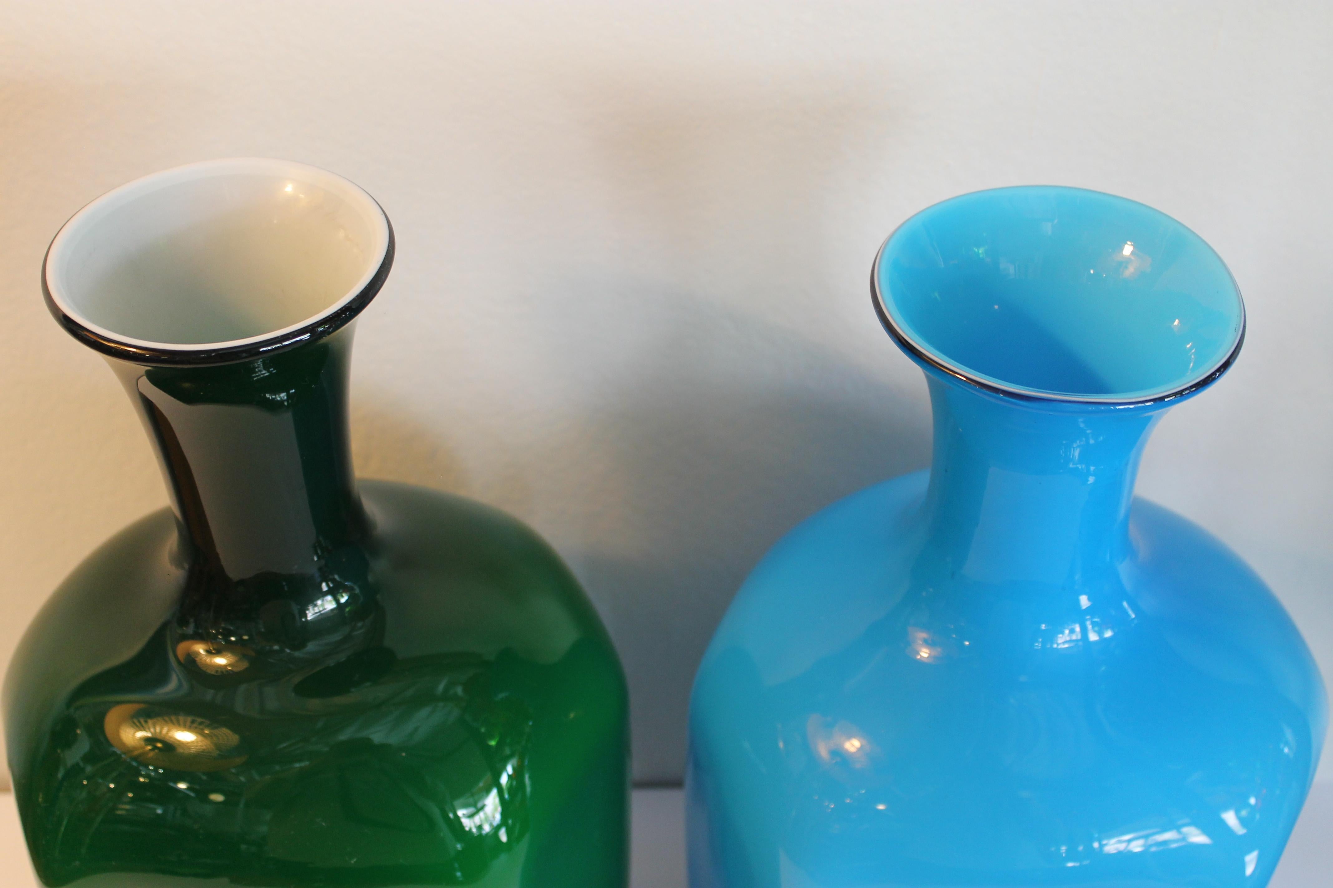 Pair of Murano Cased Glass Blue and Green Vases In Good Condition In Palm Springs, CA