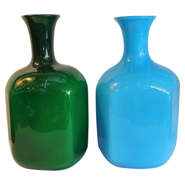 Pair of Murano Cased Glass Blue and Green Vases at 1stDibs